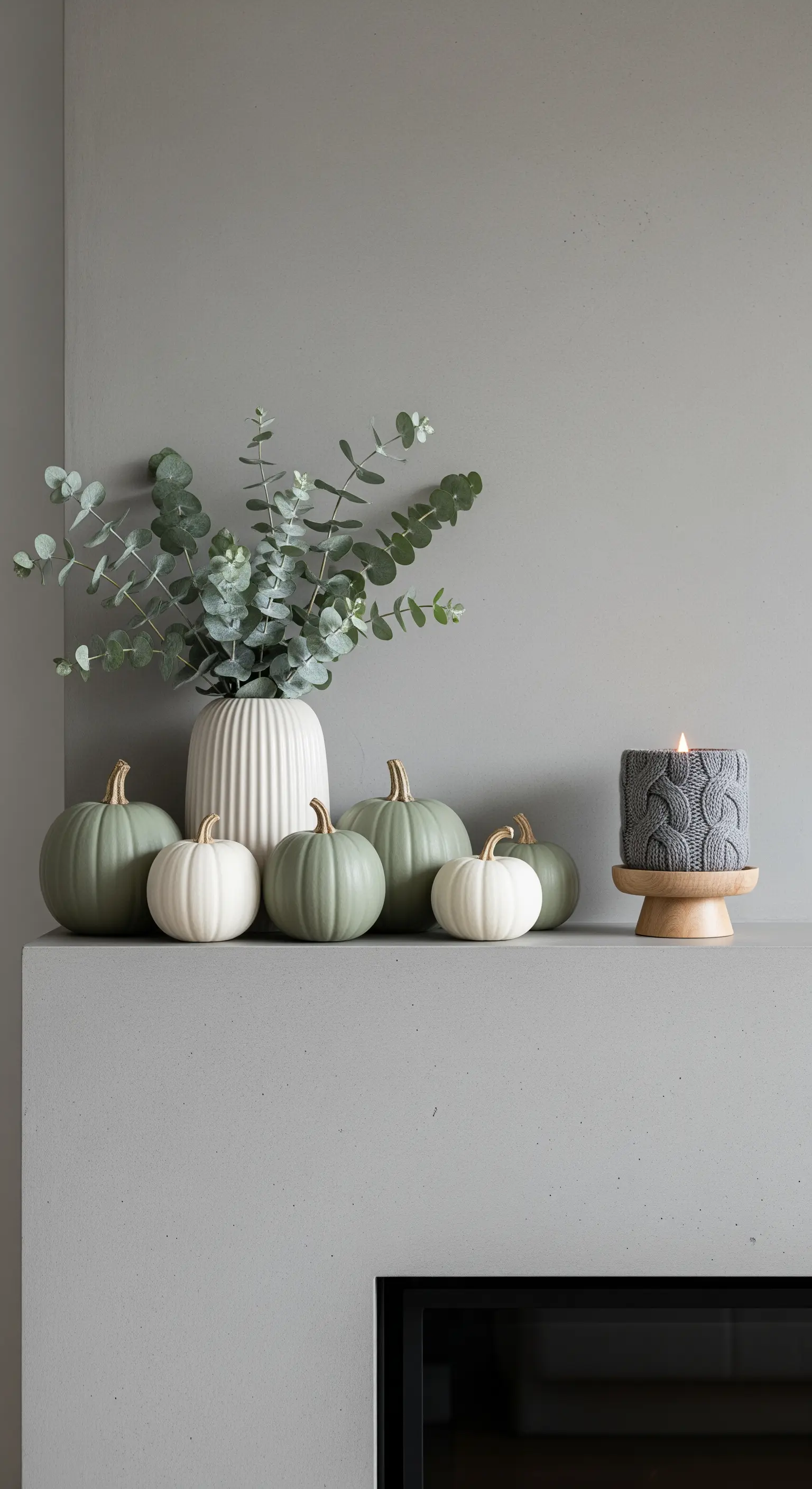 Moderne Herbstdeko in Salbeigrün und Weiß mit Kürbissen, Eukalyptus und einer Strick-Kerze.