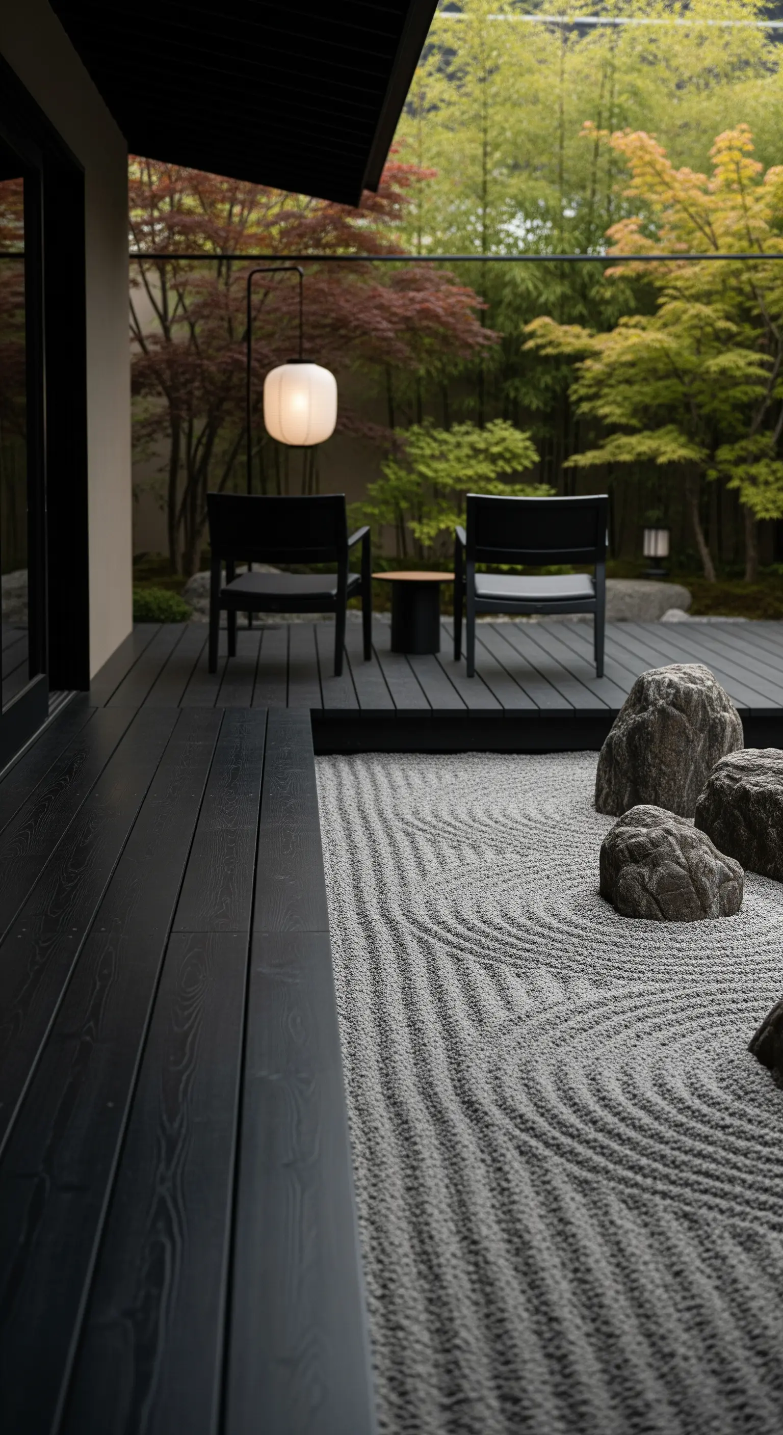 Japandi-Garten mit Kiesbeet, dunklem Holzdeck und minimalistischen Möbeln