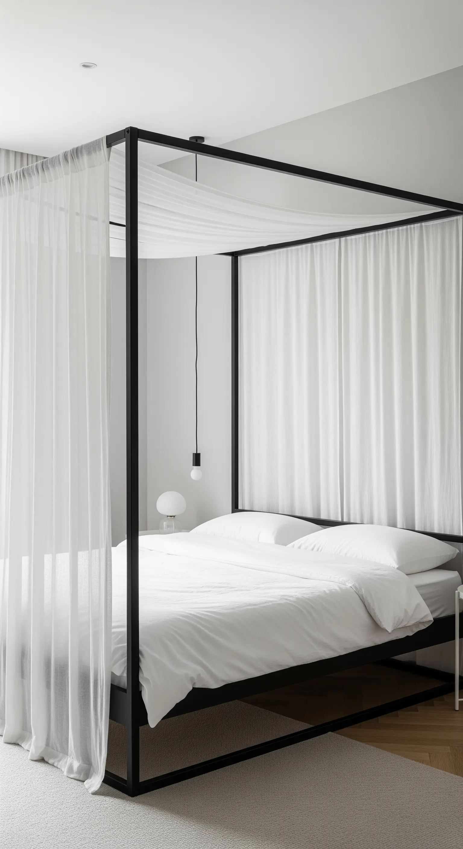 Minimalistisches Himmelbett mit schwarzem Metallrahmen und weißen, durchsichtigen Vorhängen.