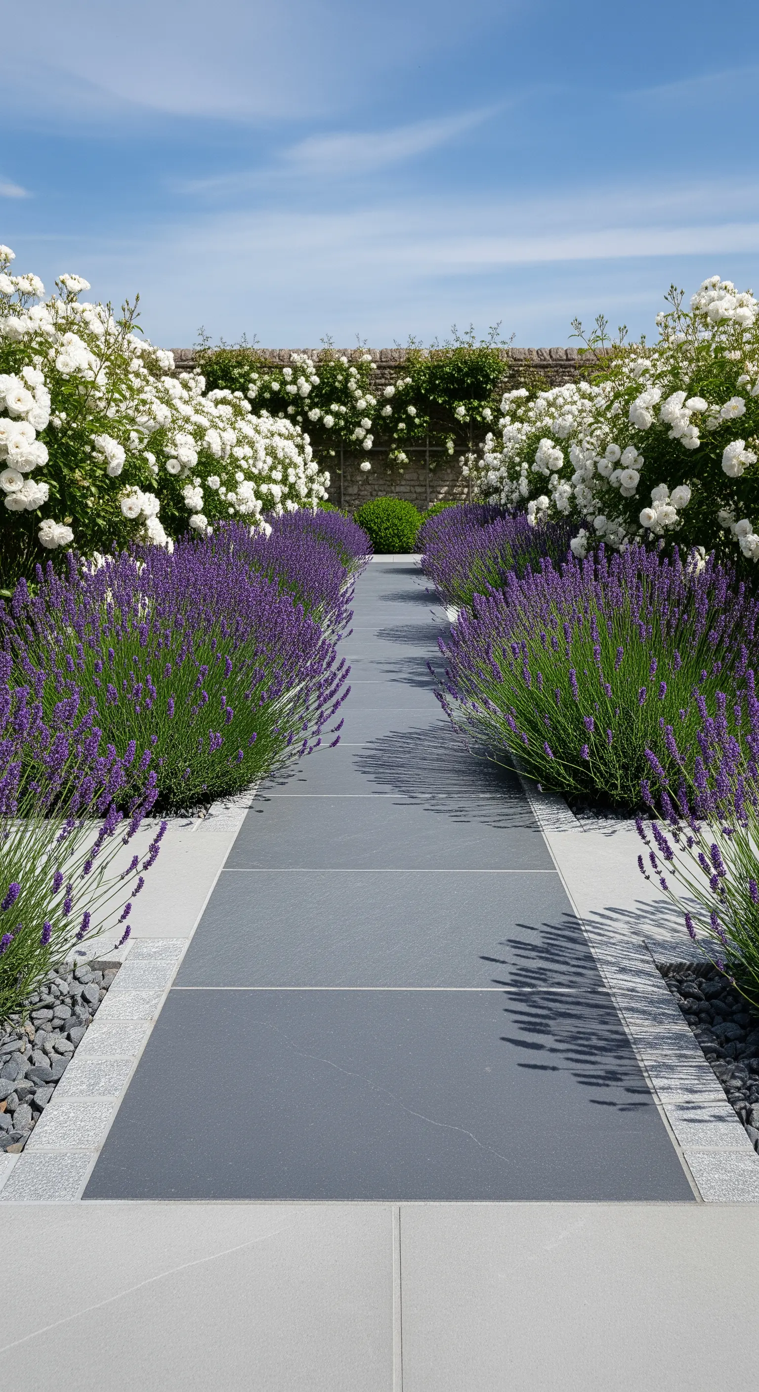 Moderner grauer Steinpfad mit Lavendelreihen und weißen Kletterrosenwand