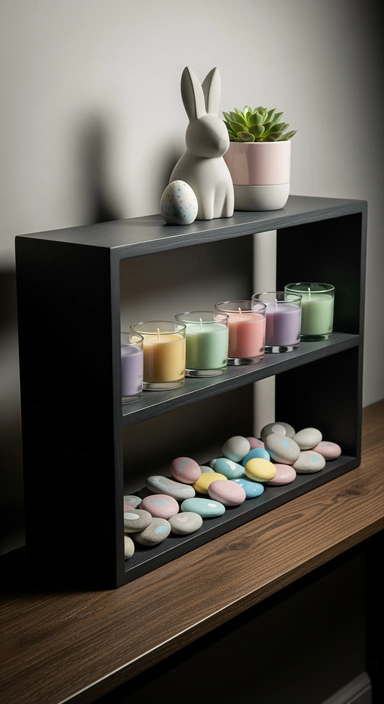 Schwarzes minimalistisches Regal mit pastellfarbenen Kerzen und Steinen