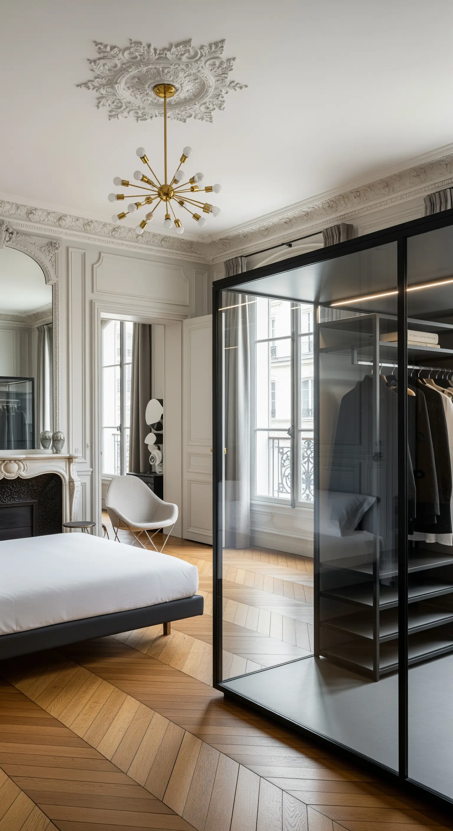 Moderner, dunkler Glas-Kleiderschrank als Kontrast in einem opulenten Pariser Altbau-Schlafzimmer.