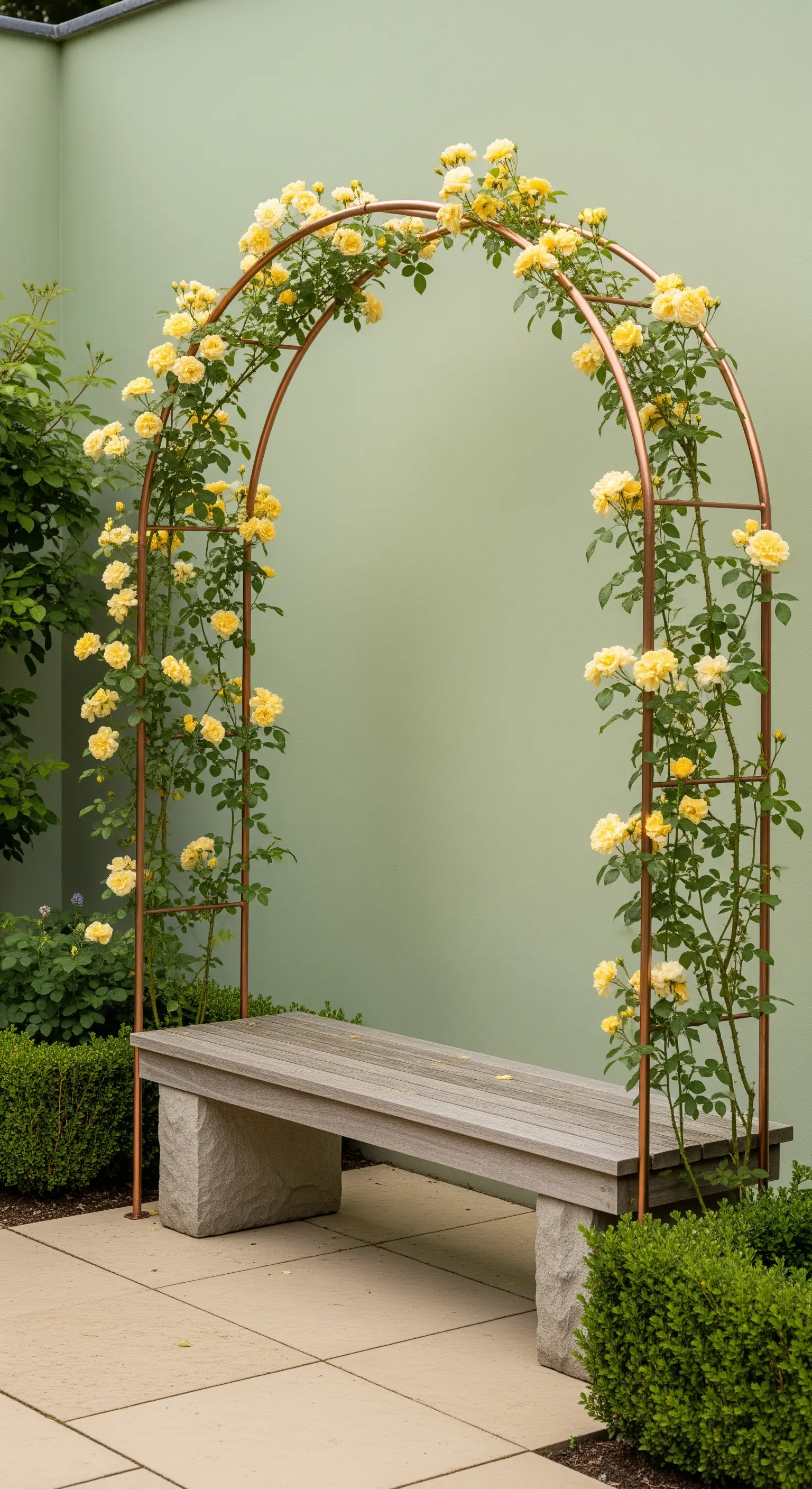 Kupferbogen, gelbe Rosen, Gartenbank, moderne Gartendeko