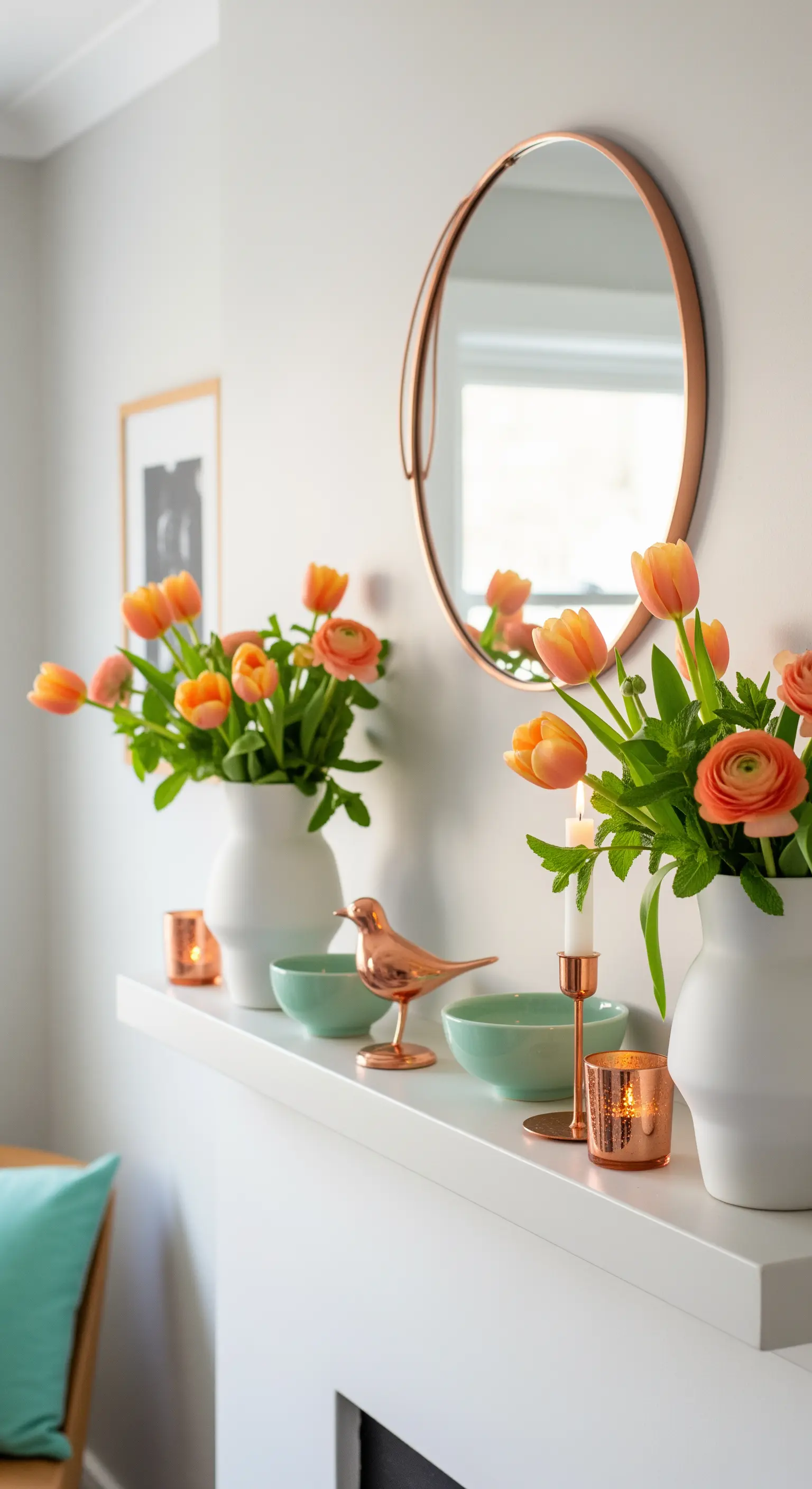 Moderne Kamindeko mit korallfarbenen Tulpen, weißen Vasen und Kupfer-Accessoires.