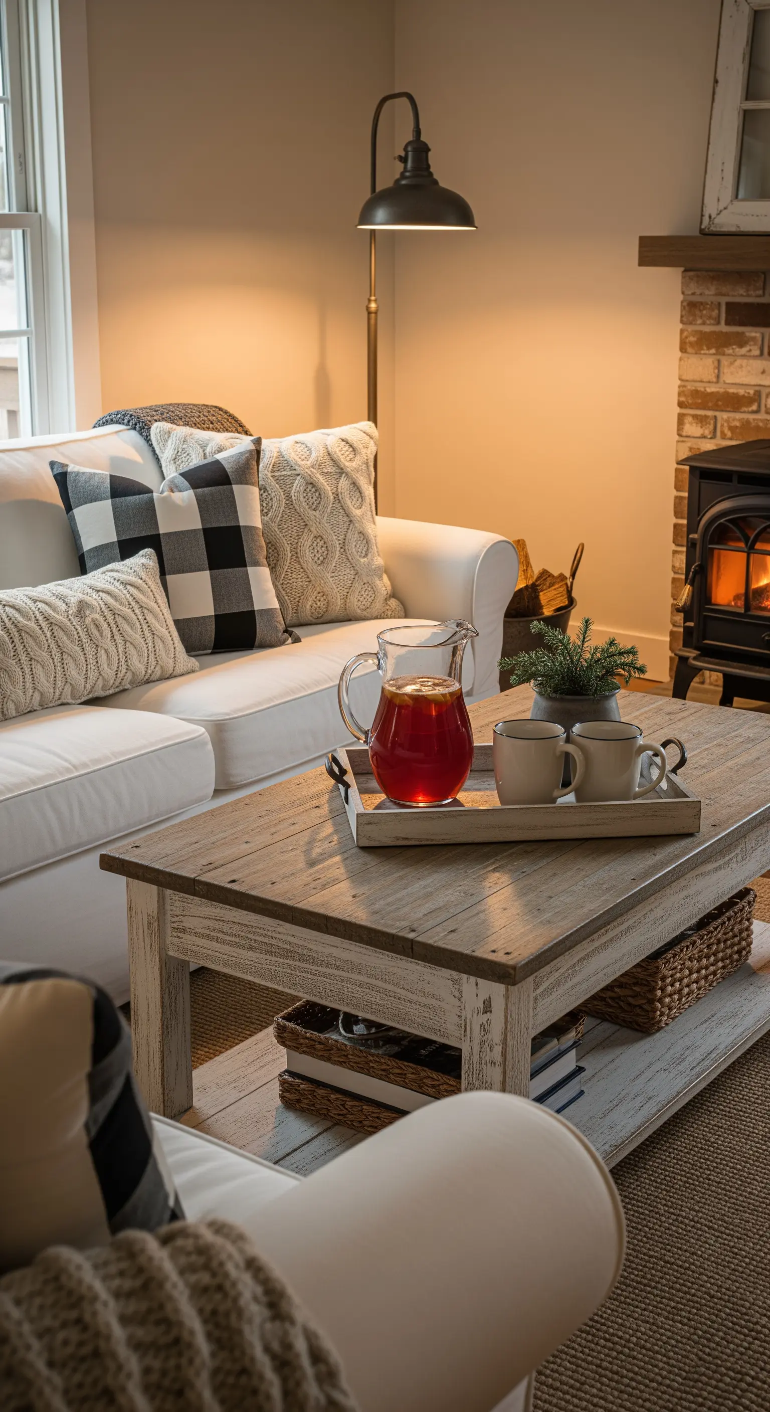 Helles Farmhouse-Wohnzimmer mit weißem Sofa, Karokissen und einem Tablett mit Tee auf dem Holztisch.