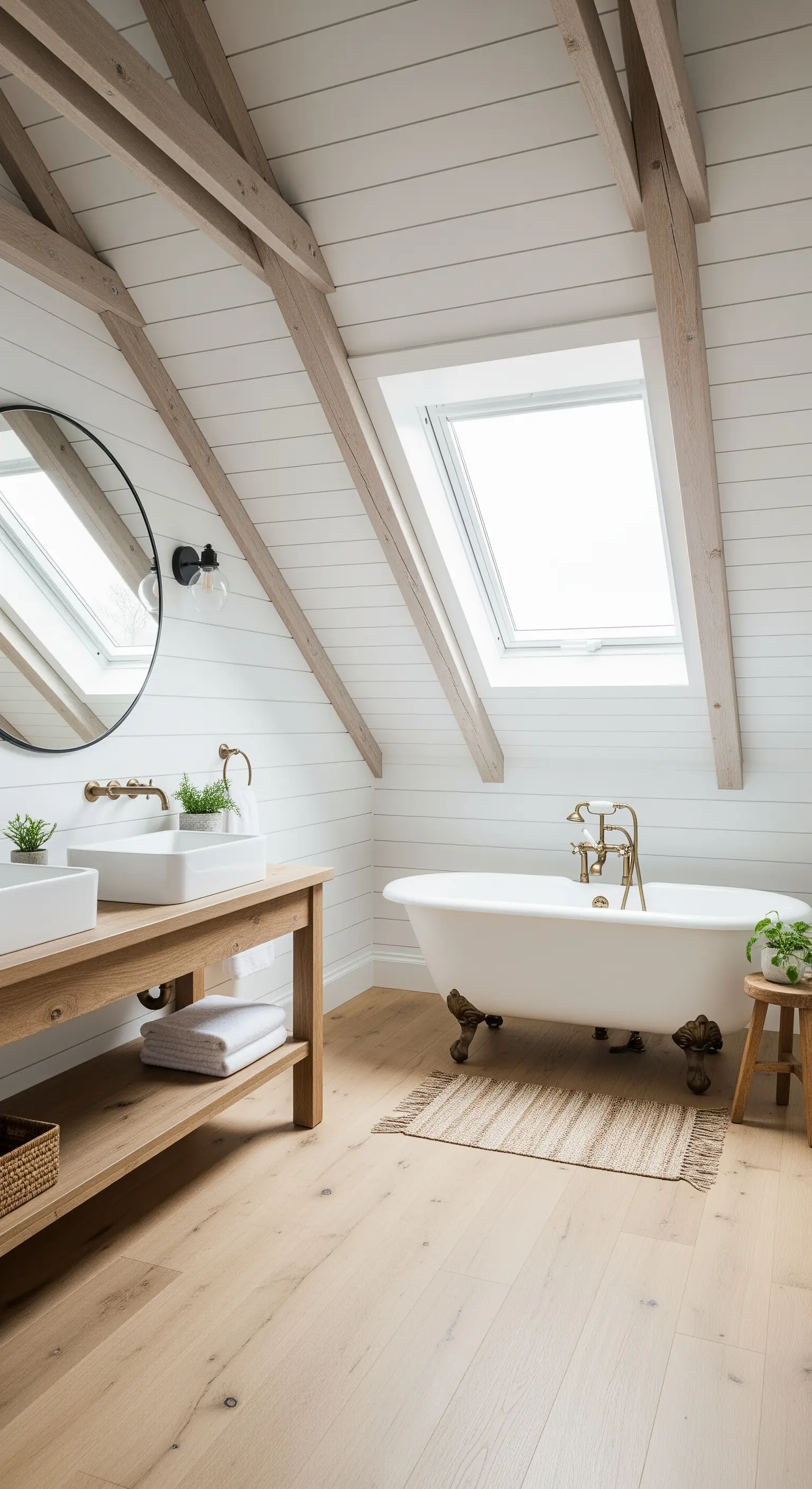 Landhaus-Badezimmer mit Holzbalken, weißer Wandverkleidung und freistehender Wanne unter Dachfenster.