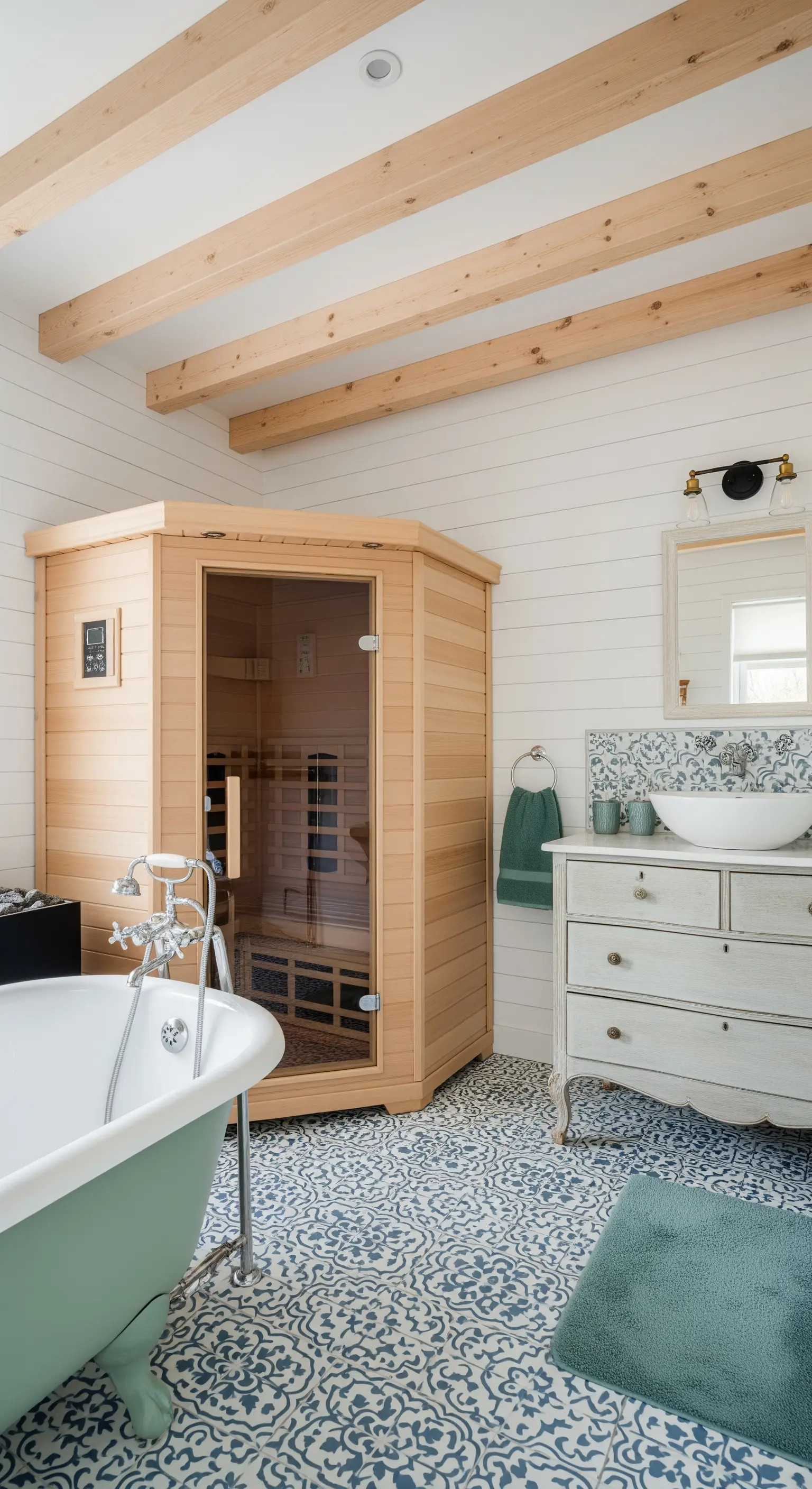 Modernes Farmhouse-Bad mit gemusterten Fliesen und Ecksauna.