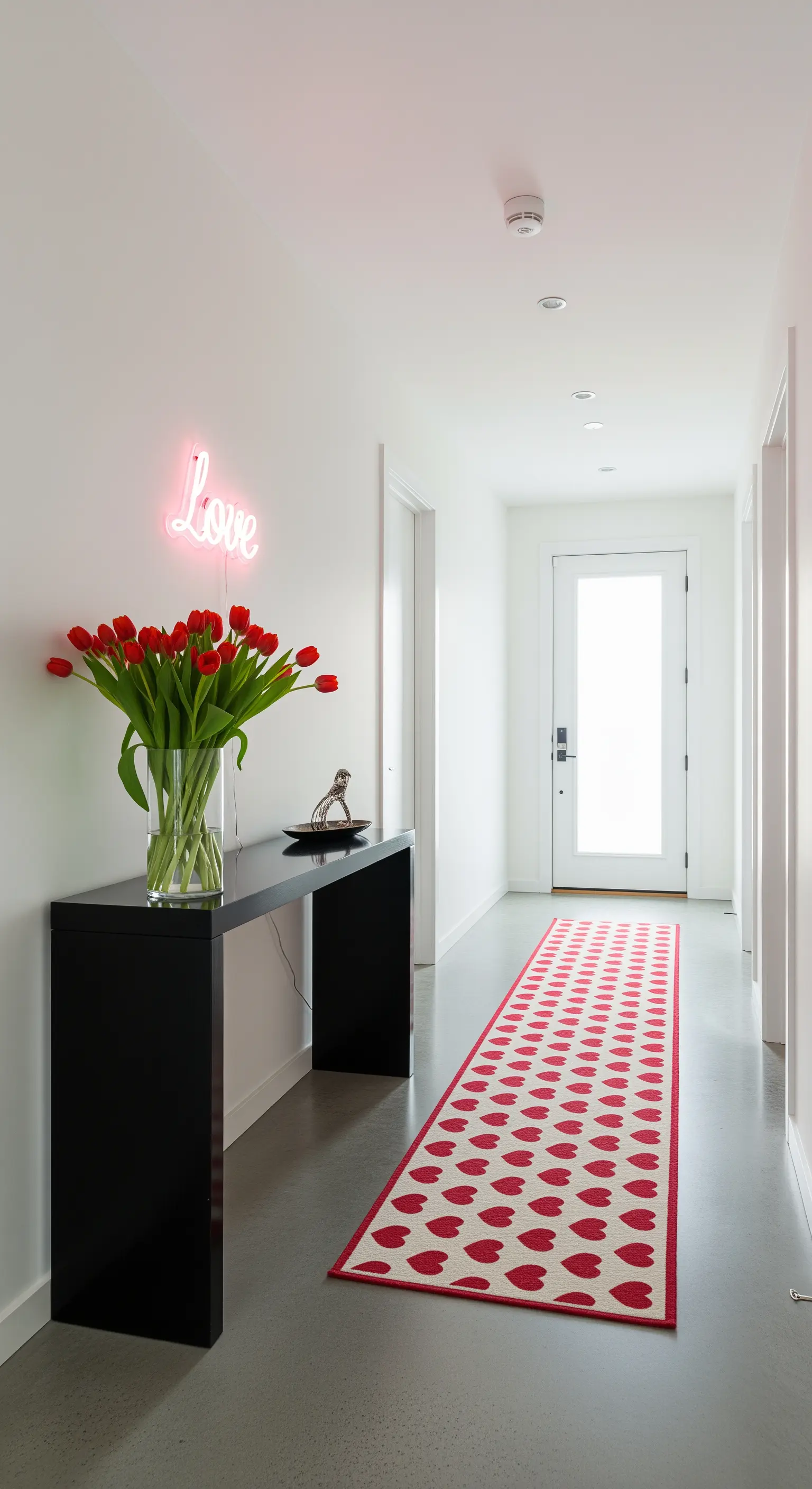 Minimalistischer Flur mit Neon-Love-Schild, roten Tulpen und Herzläufer.
