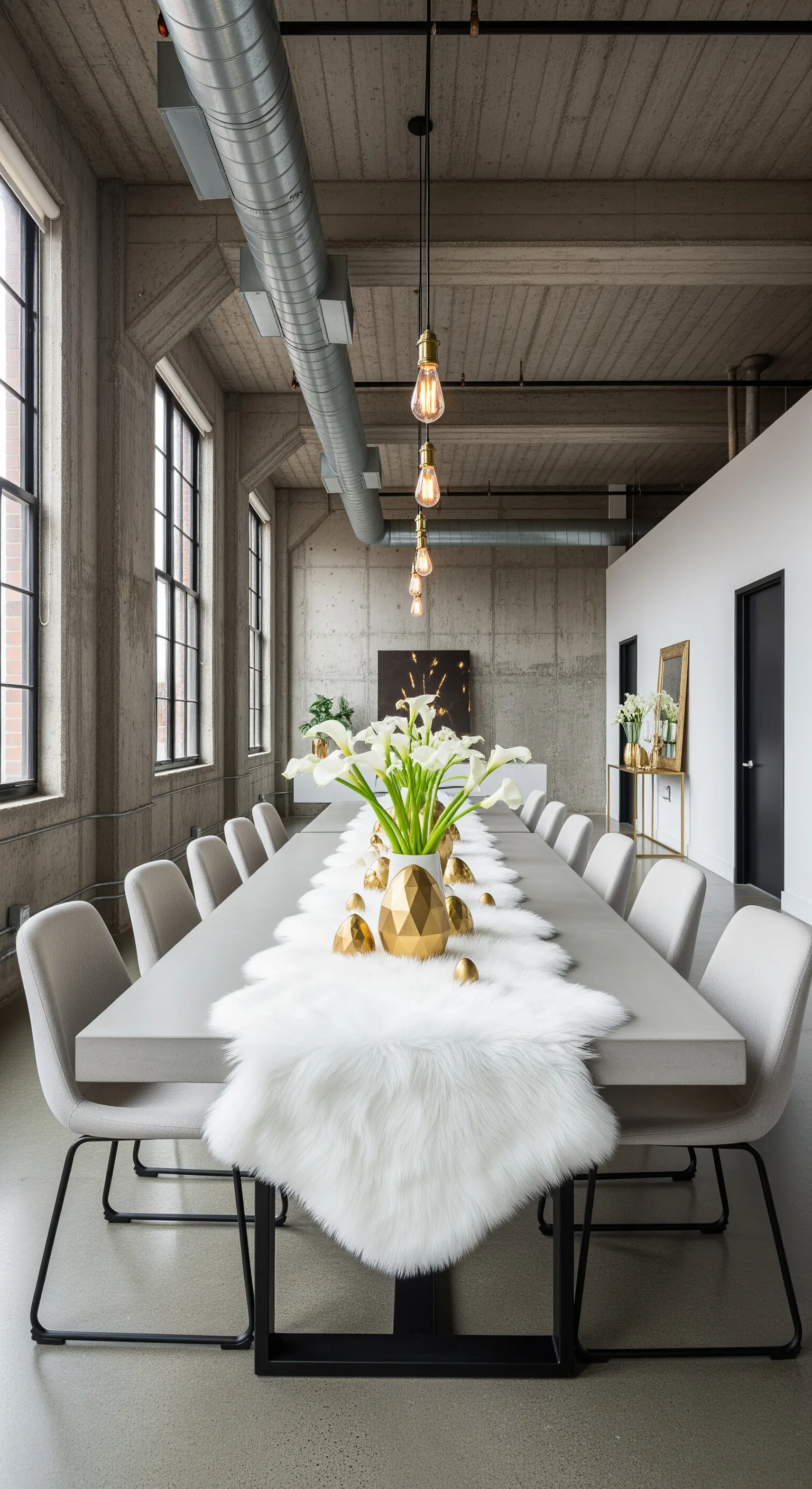 Loft-Esstisch mit Beton, weißem Fellläufer und Gold-Callas