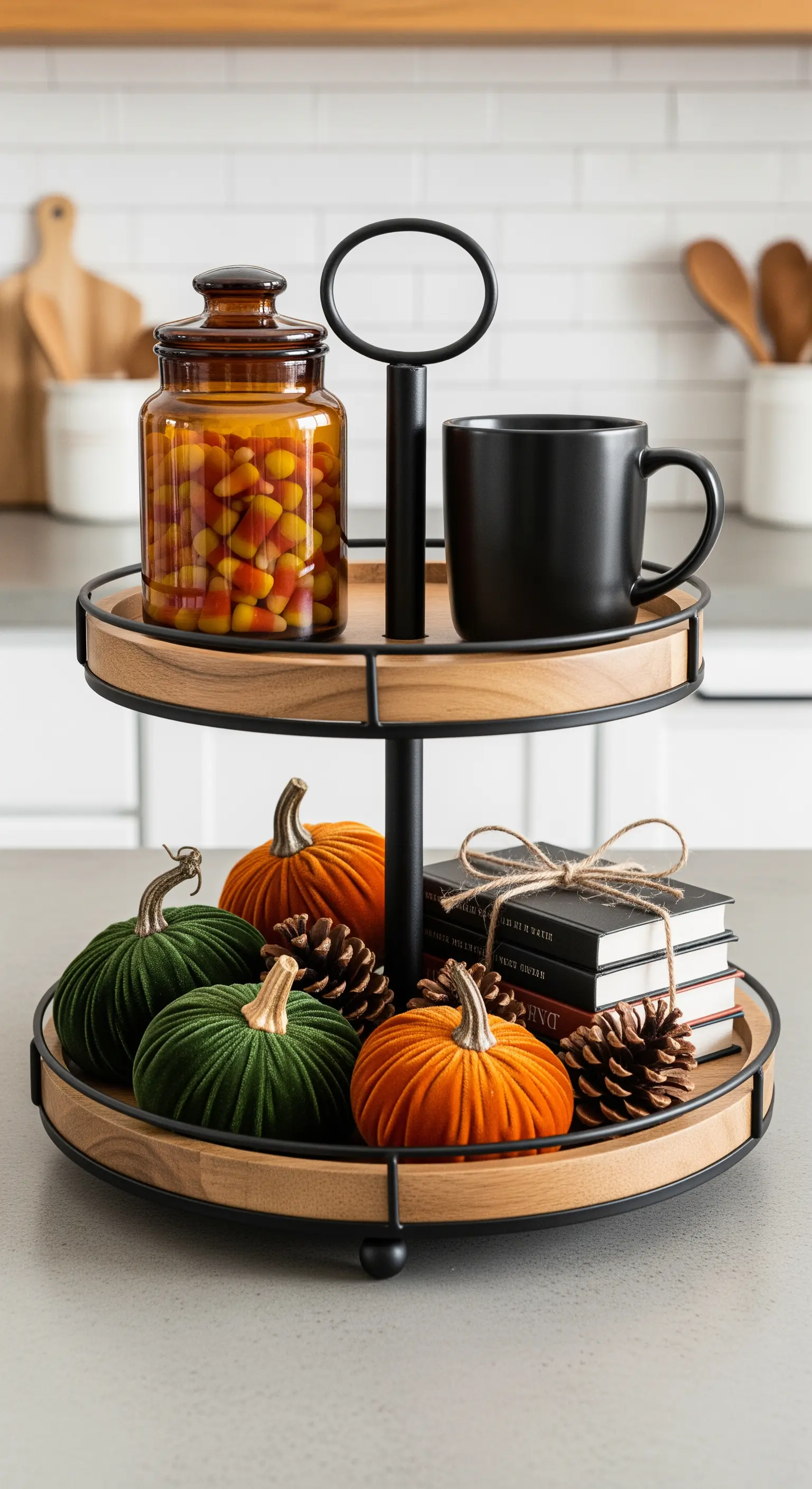 Moderne Etagere mit Samtkürbissen in Grün und Orange