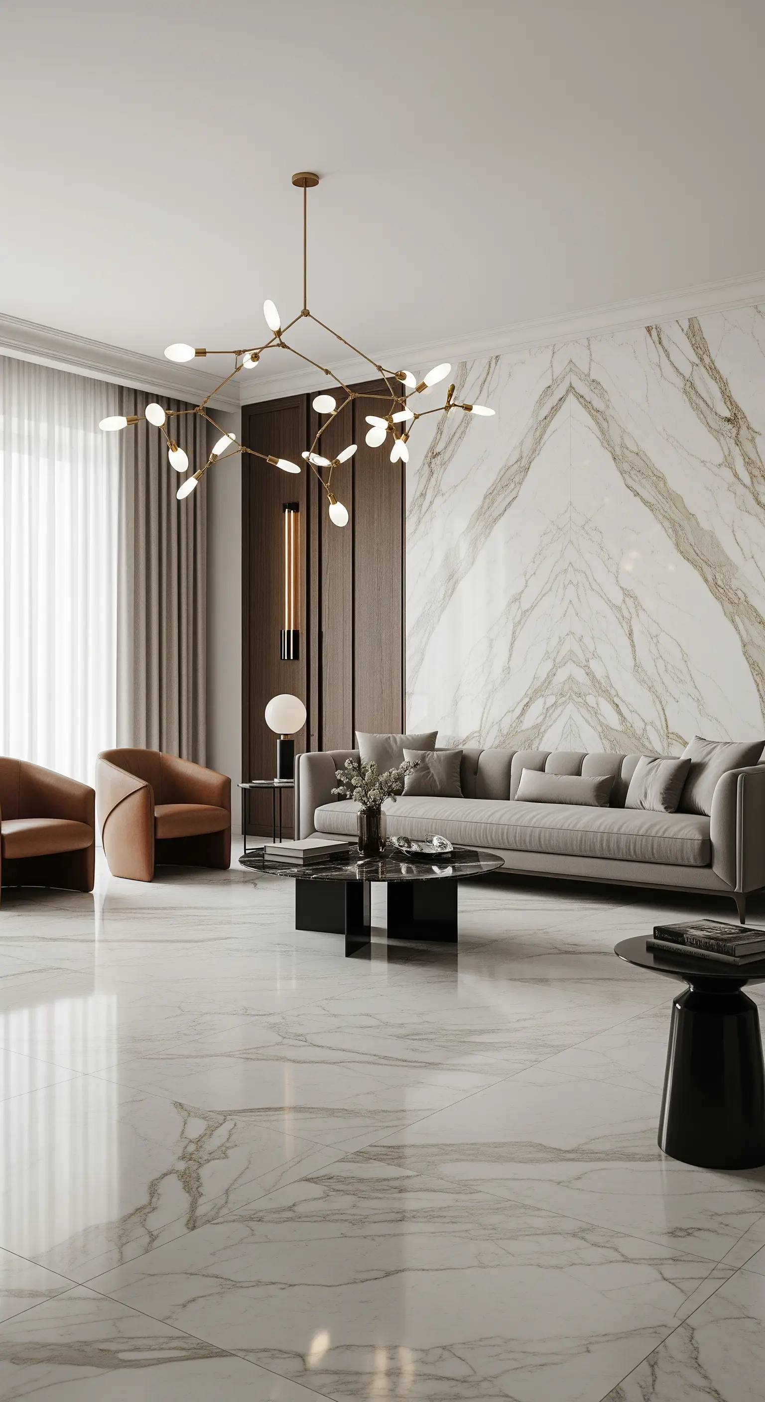 Graues Sofa vor einer grossen Marmorwand mit einer modernen, verzweigten Messinglampe.