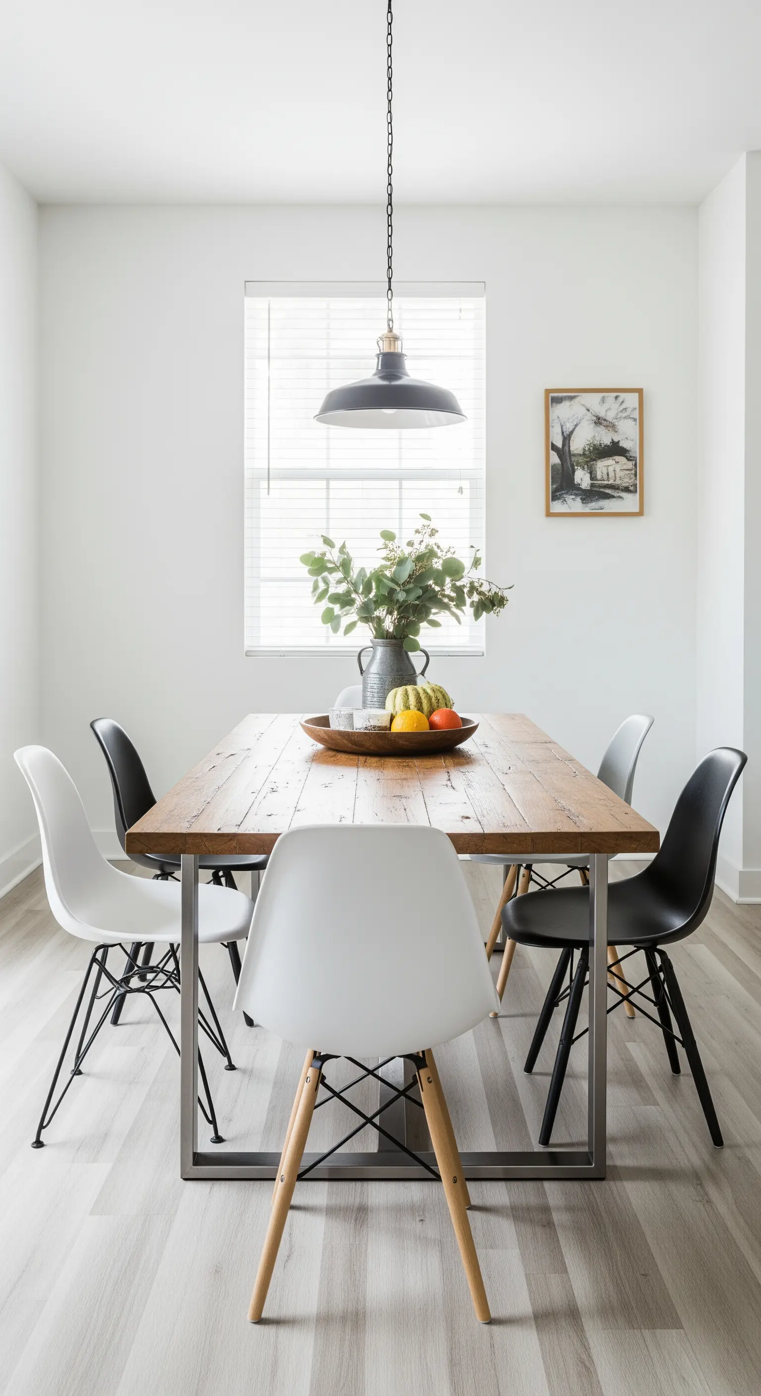 Moderner Essbereich mit Holztisch und einer Mischung aus schwarzen und weißen Stühlen.