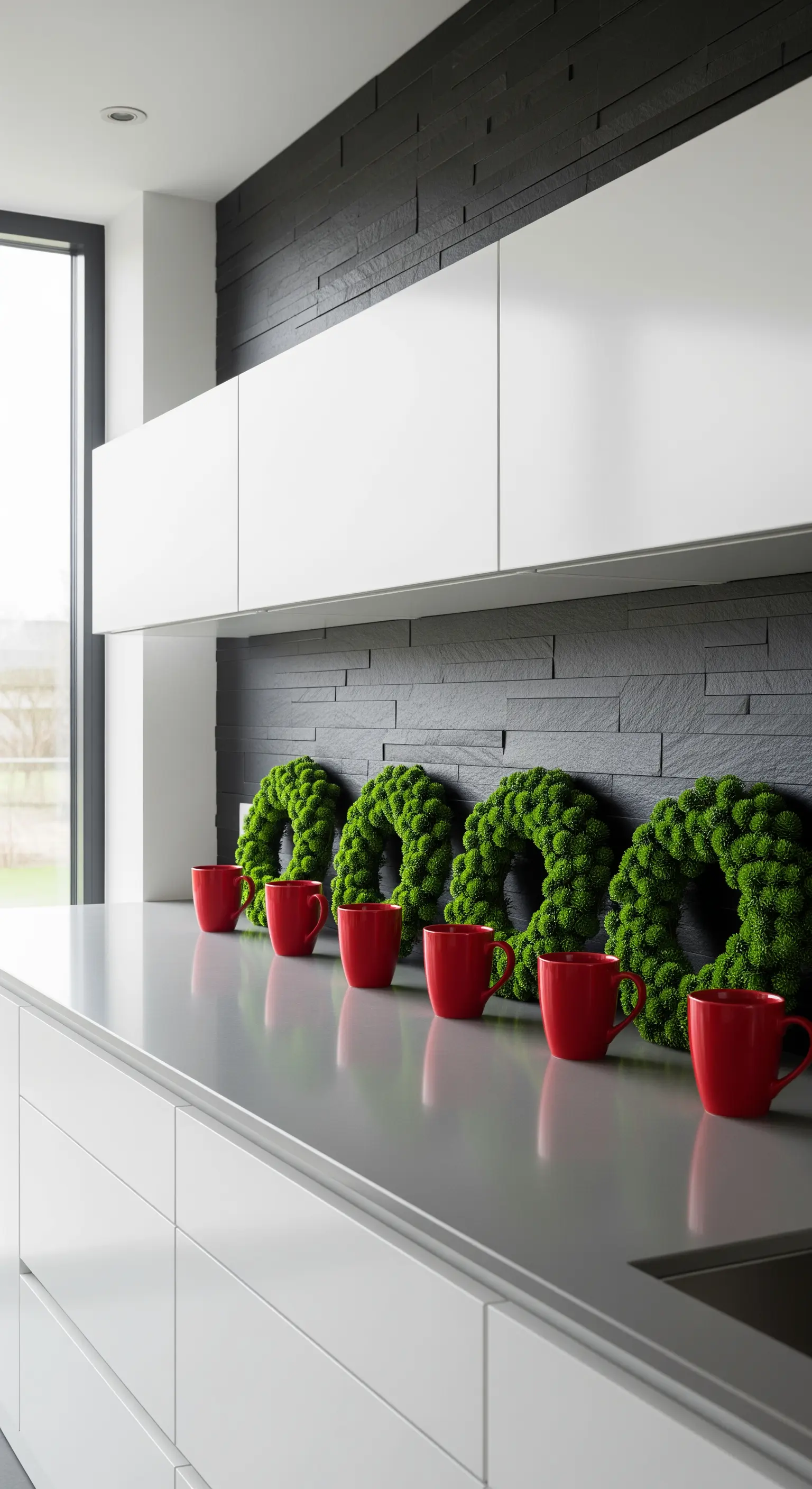 Moderne, minimalistische Küche mit schwarzer Akzentwand, Reihe von roten Tassen und grünen Kränzen