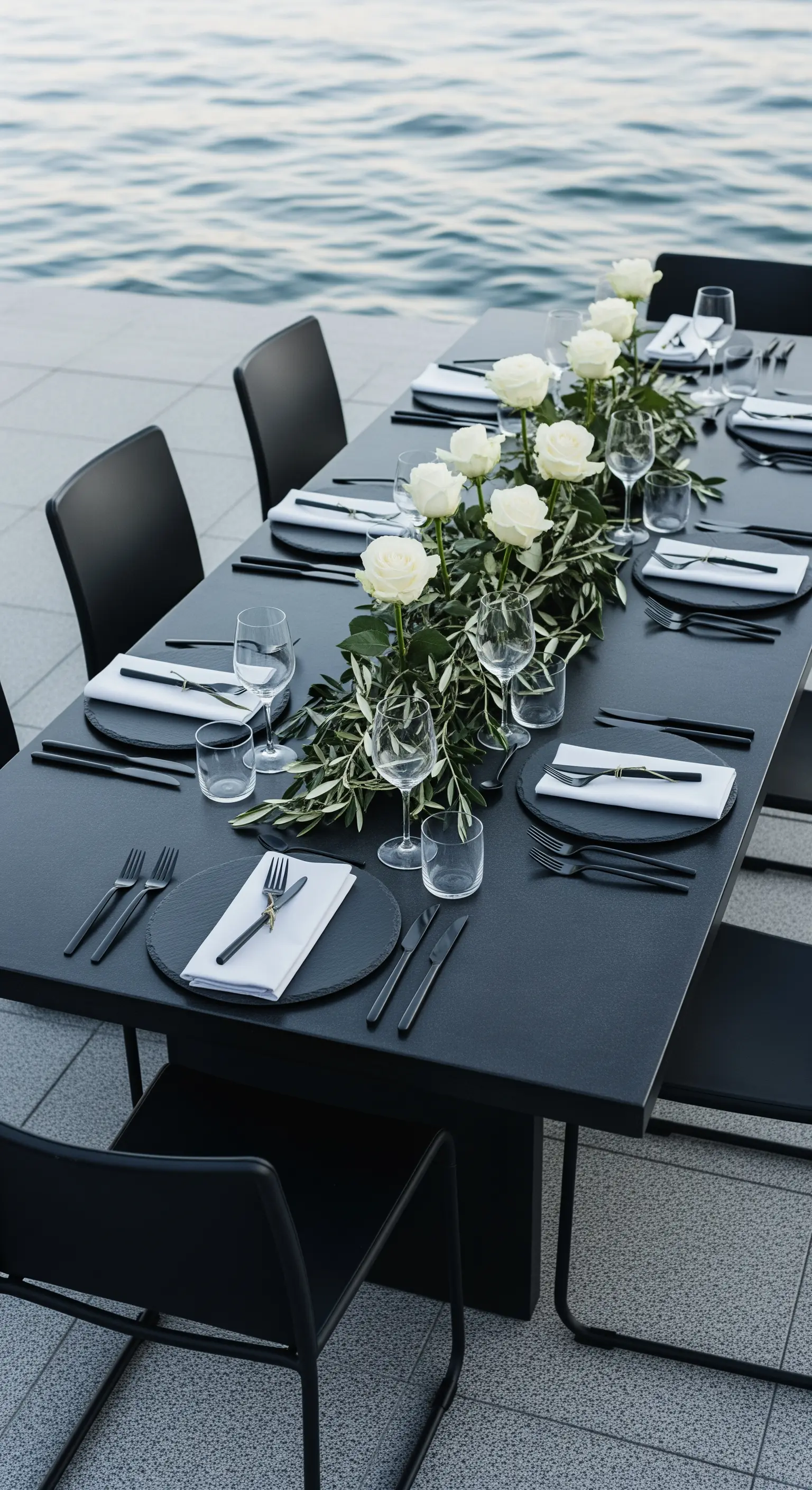 Minimalistischer schwarzer Tisch mit einer schlichten Girlande aus weißen Rosen und Olivenzweigen