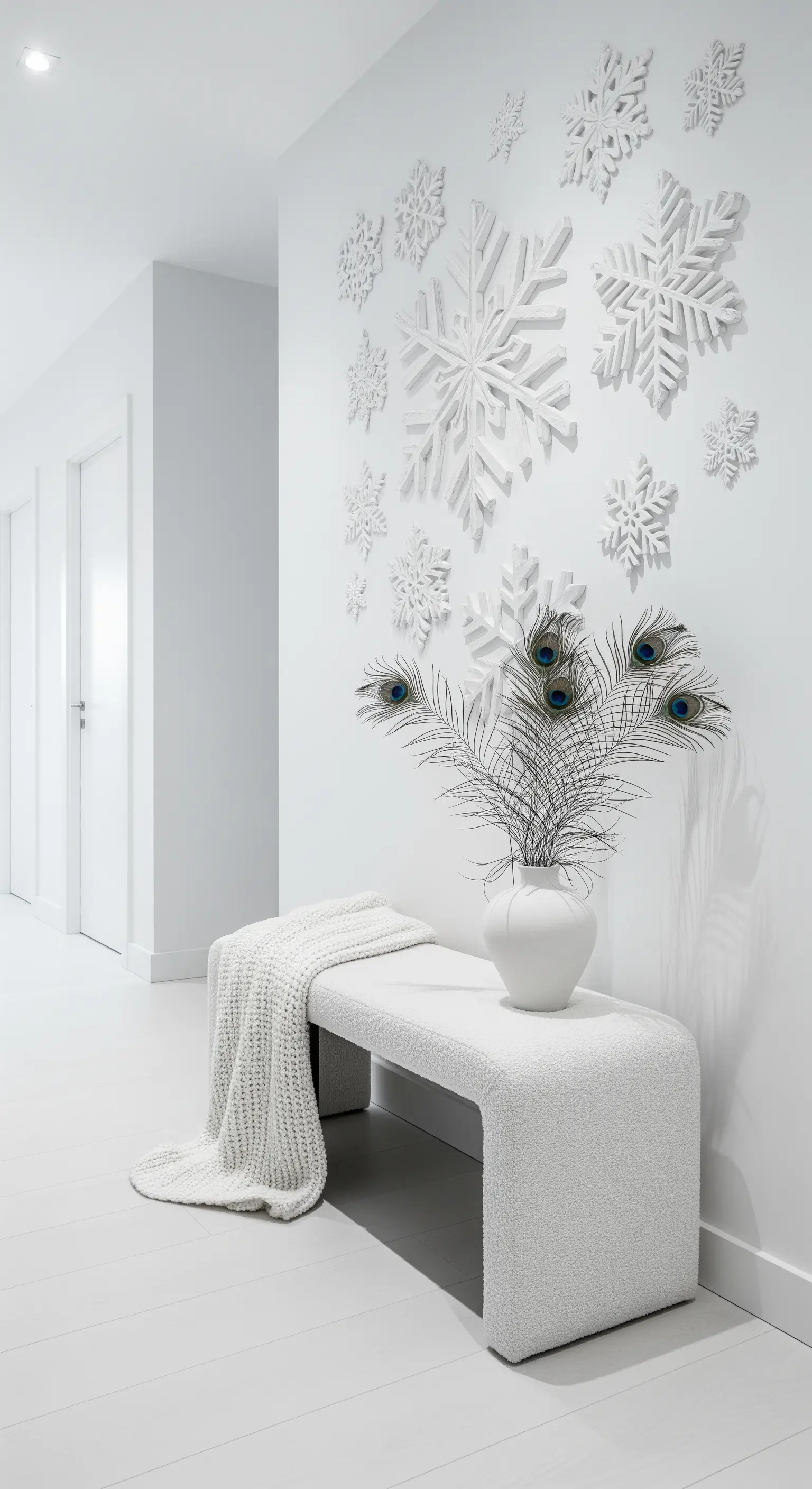 Minimalistischer weißer Flur mit 3D-Schneeflocken, weißer Bank und Pfaunenfedern