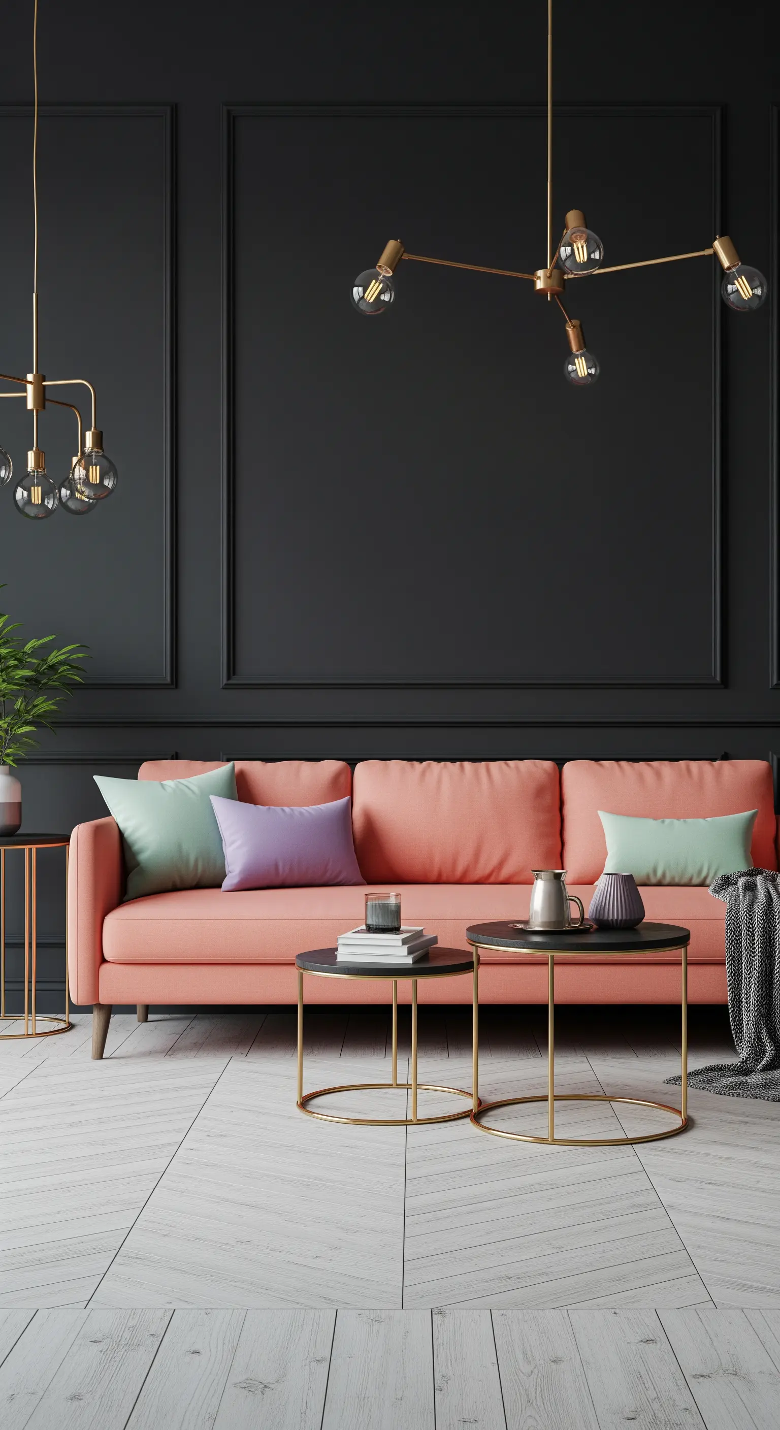 Modernes, minimalistisches Wohnzimmer mit korallfarbenem Sofa vor einer mattschwarzen Wand.