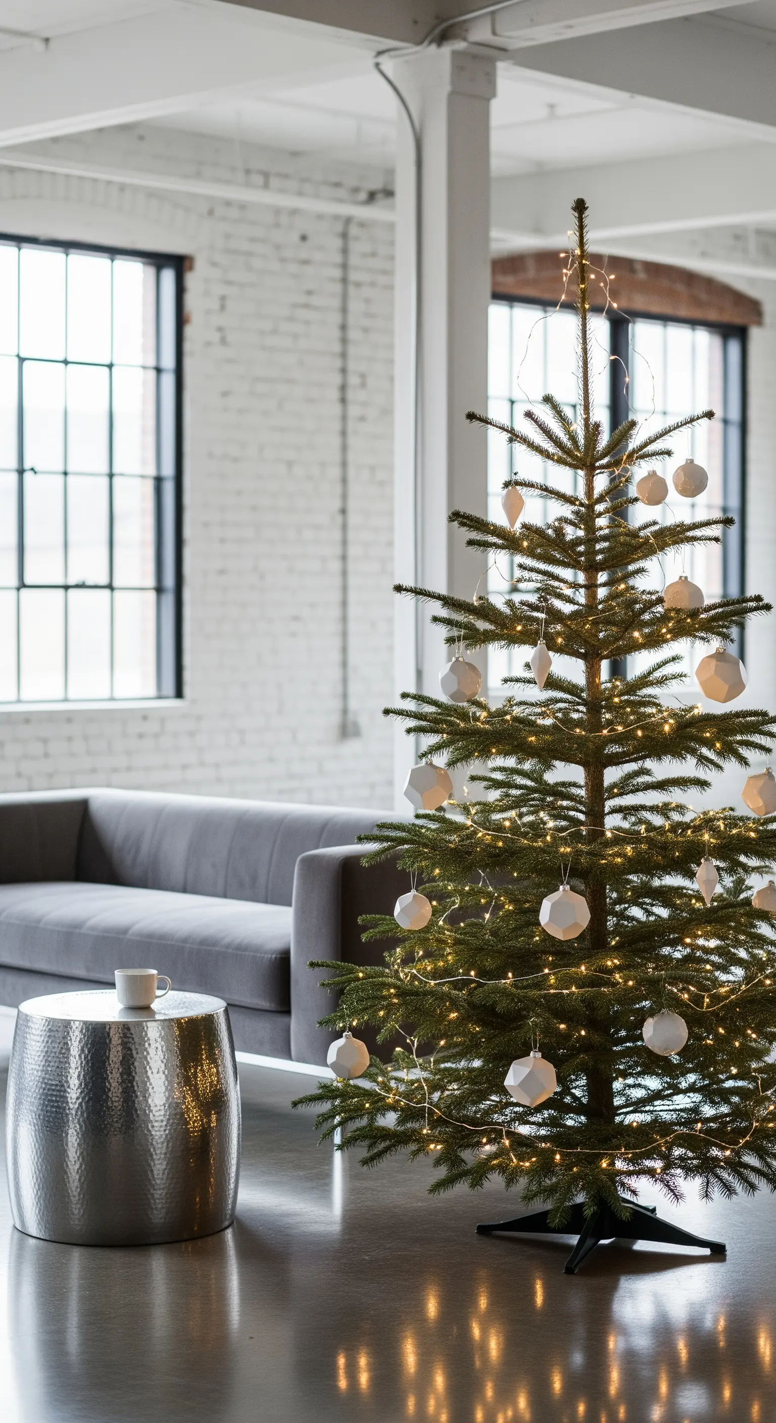 Kleiner Weihnachtsbaum mit weißen geometrischen Kugeln und warmen Lichtern.