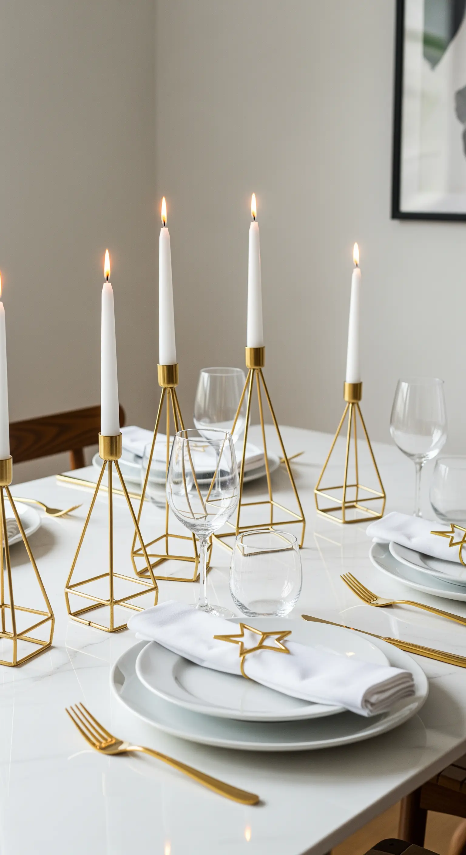 Moderne Tischdeko mit geometrischen Gold-Kerzenhaltern und weißen Stabkerzen
