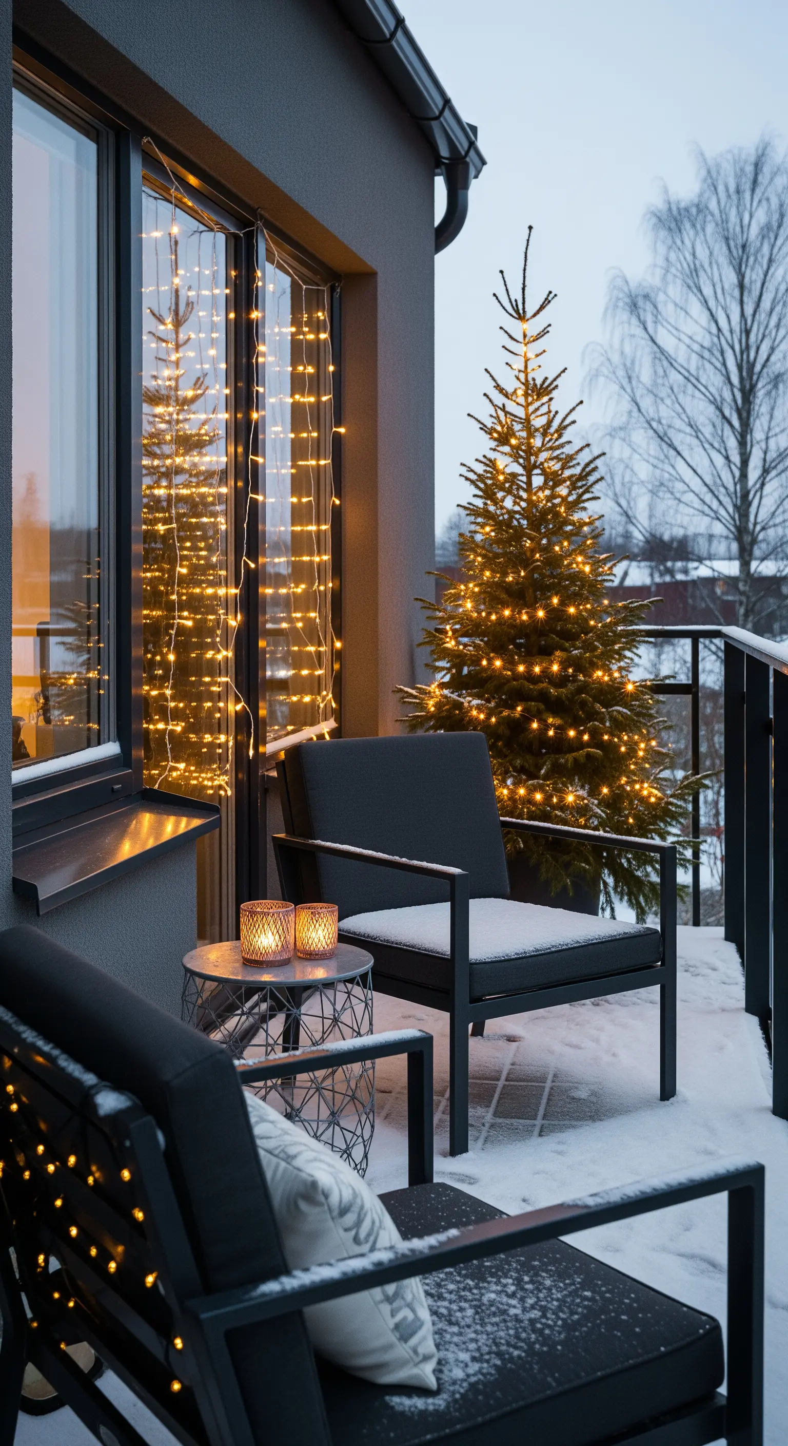 Balkon mit minimalistischer Einrichtung, beleuchtetem Tannenbaum und Lichtervorhängen