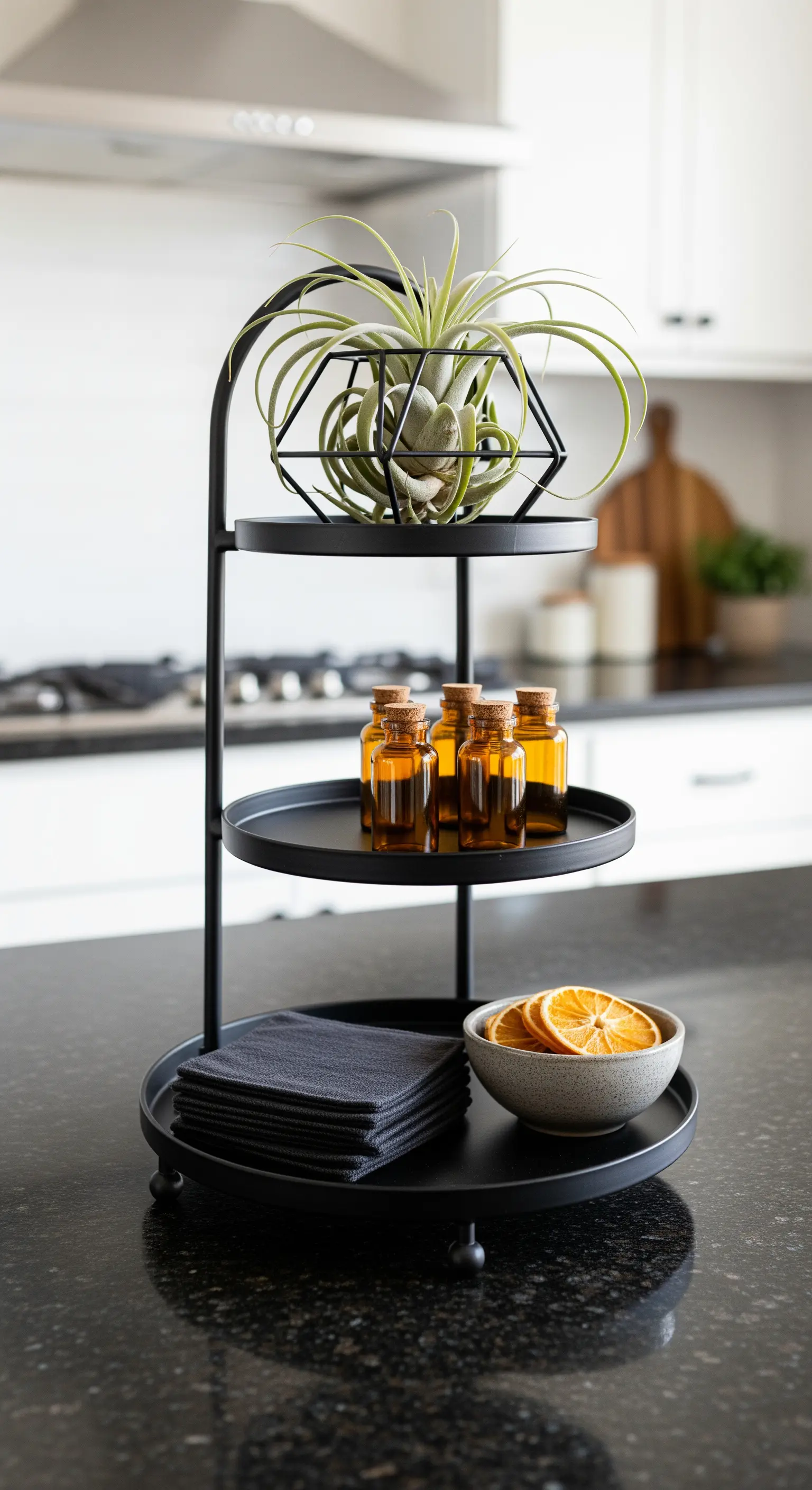 Mattschwarze Metall-Etagere mit Luftpflanze, Apothekerfläschchen und getrockneten Orangenscheiben.