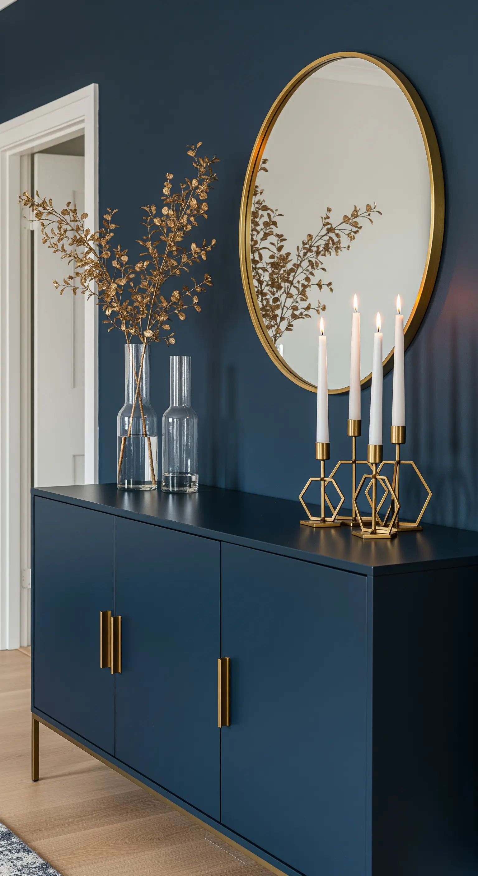 Goldene Zweige in Glasvasen und goldener Kerzenhalter vor blauer Wand.