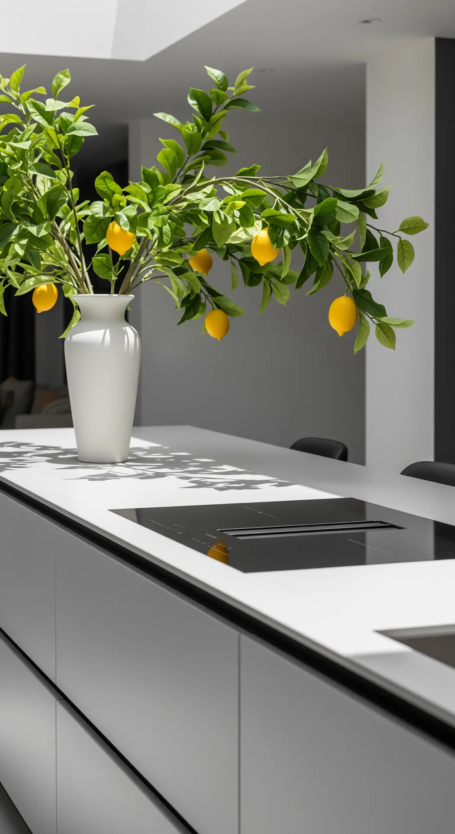 Minimalistische Kücheninsel mit weißer Vase und Zitronenzweigen