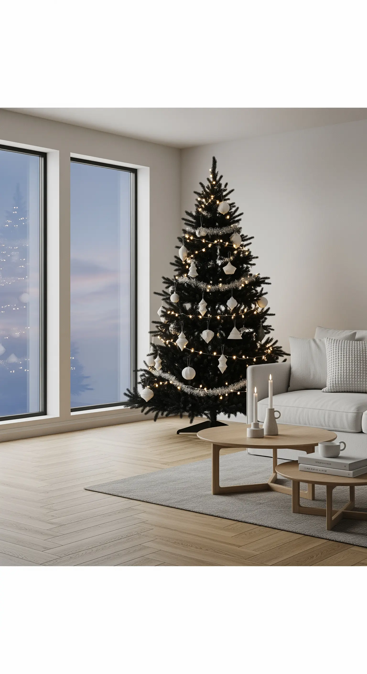 Minimalistischer schwarzer Weihnachtsbaum mit weißen Kugeln in hellem Wohnzimmer.