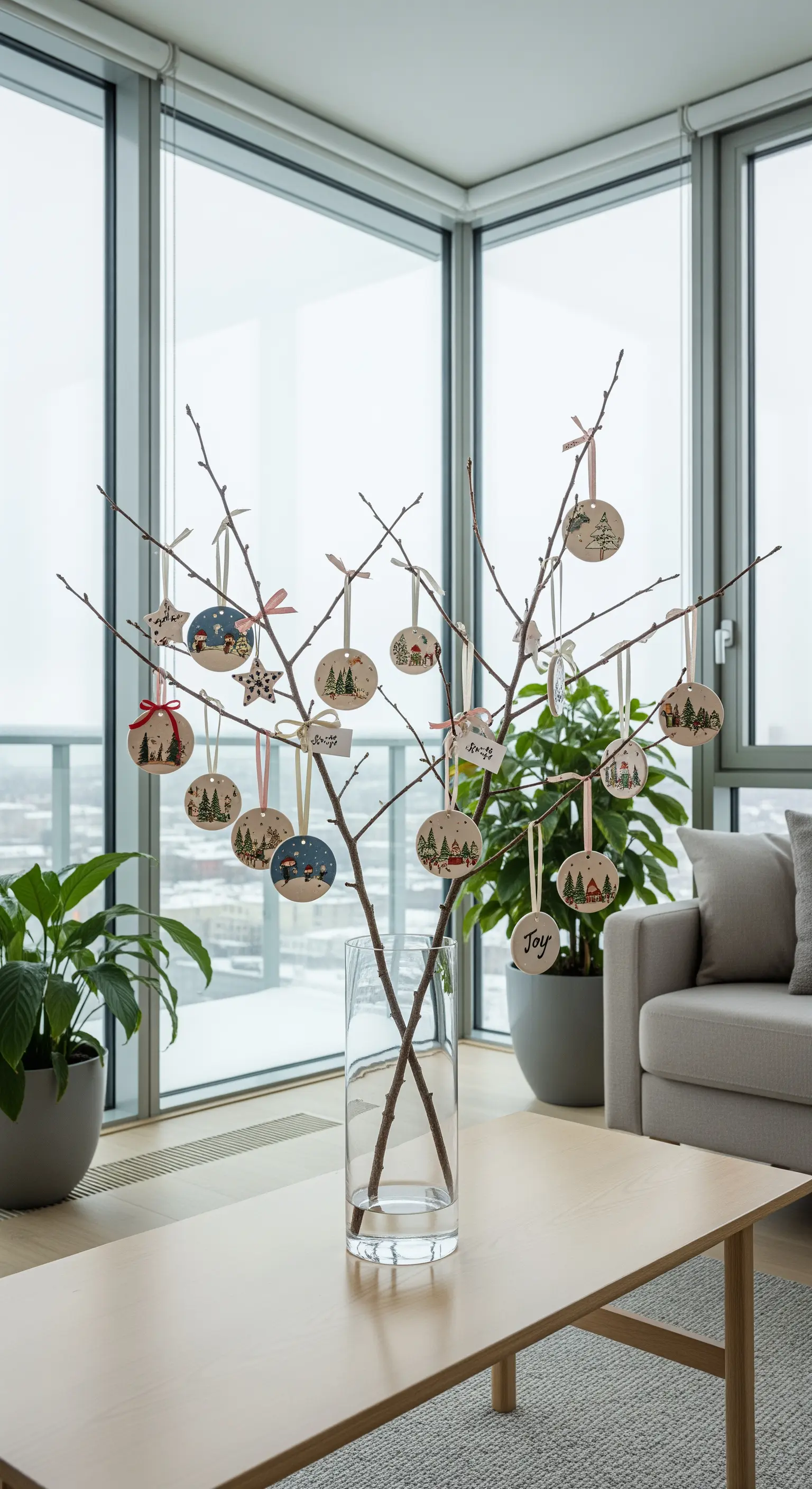 Kahle Äste in Glasvase, geschmückt mit bemalten Holzanhängern und Bändern, auf einem Couchtisch.
