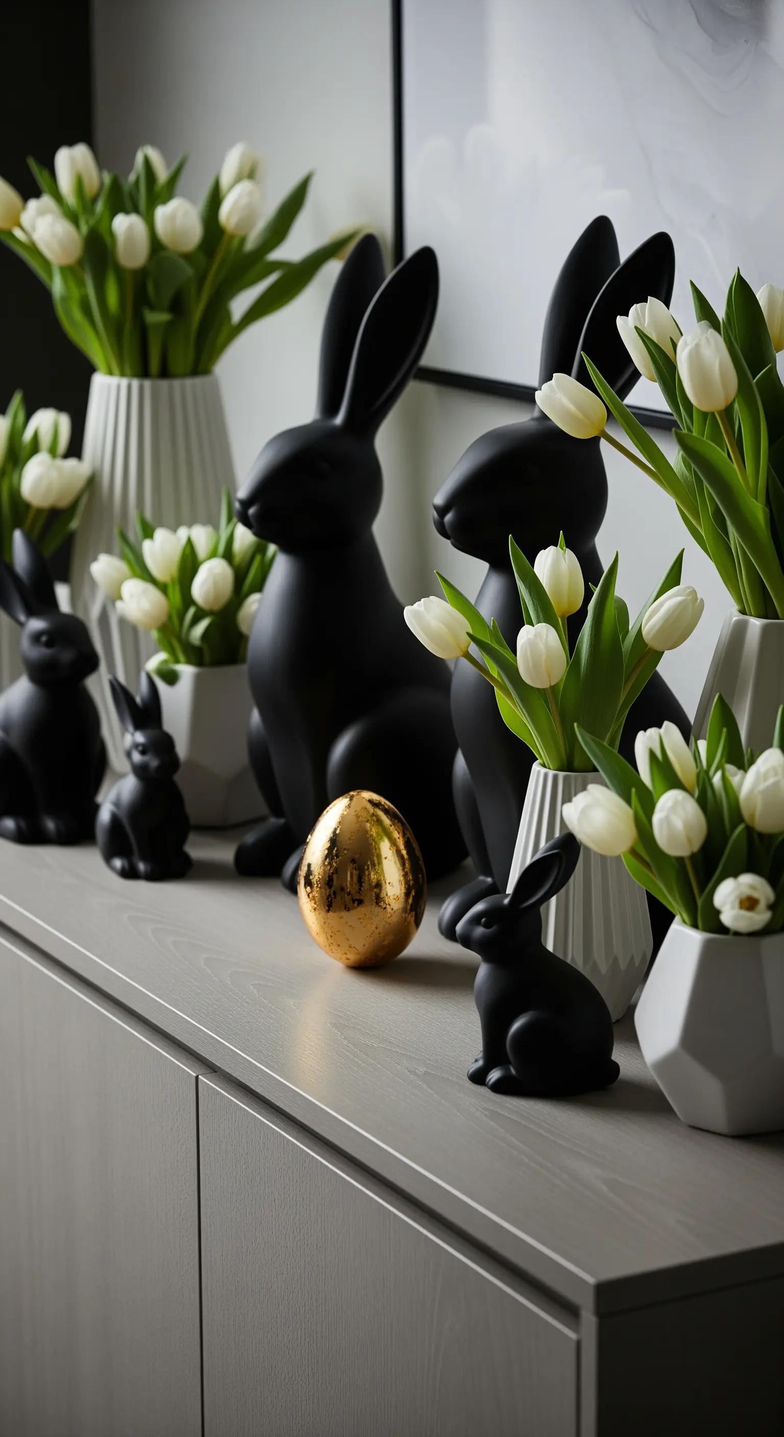 Moderner Oster-Look mit schwarzen Hasen, weißen Tulpen und goldenem Ei