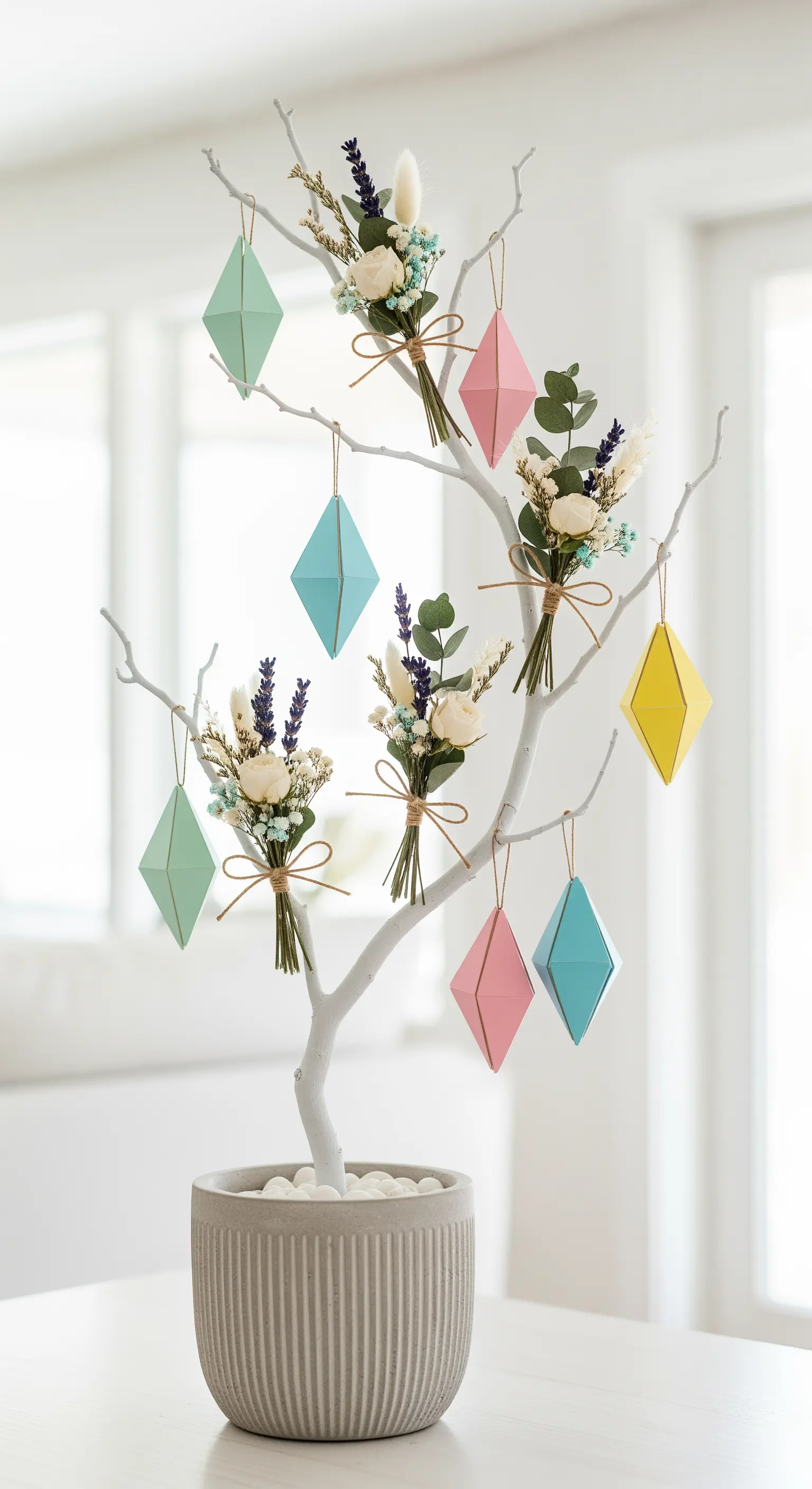 Weißer Osterbaum mit geometrischen Papierornamenten und Trockenblumensträußen