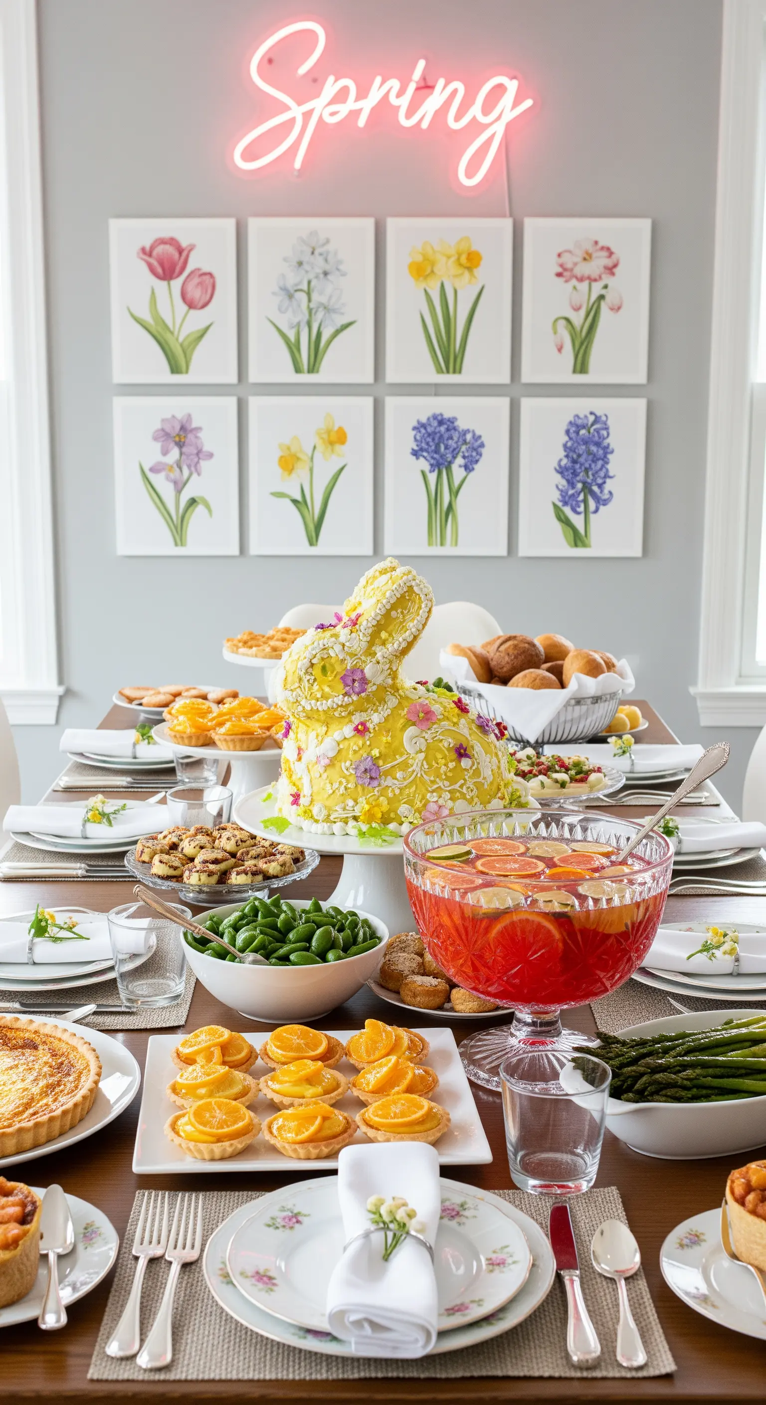 Osterbrunch mit Hasenkuchen, Neonlicht und botanischen Bildern