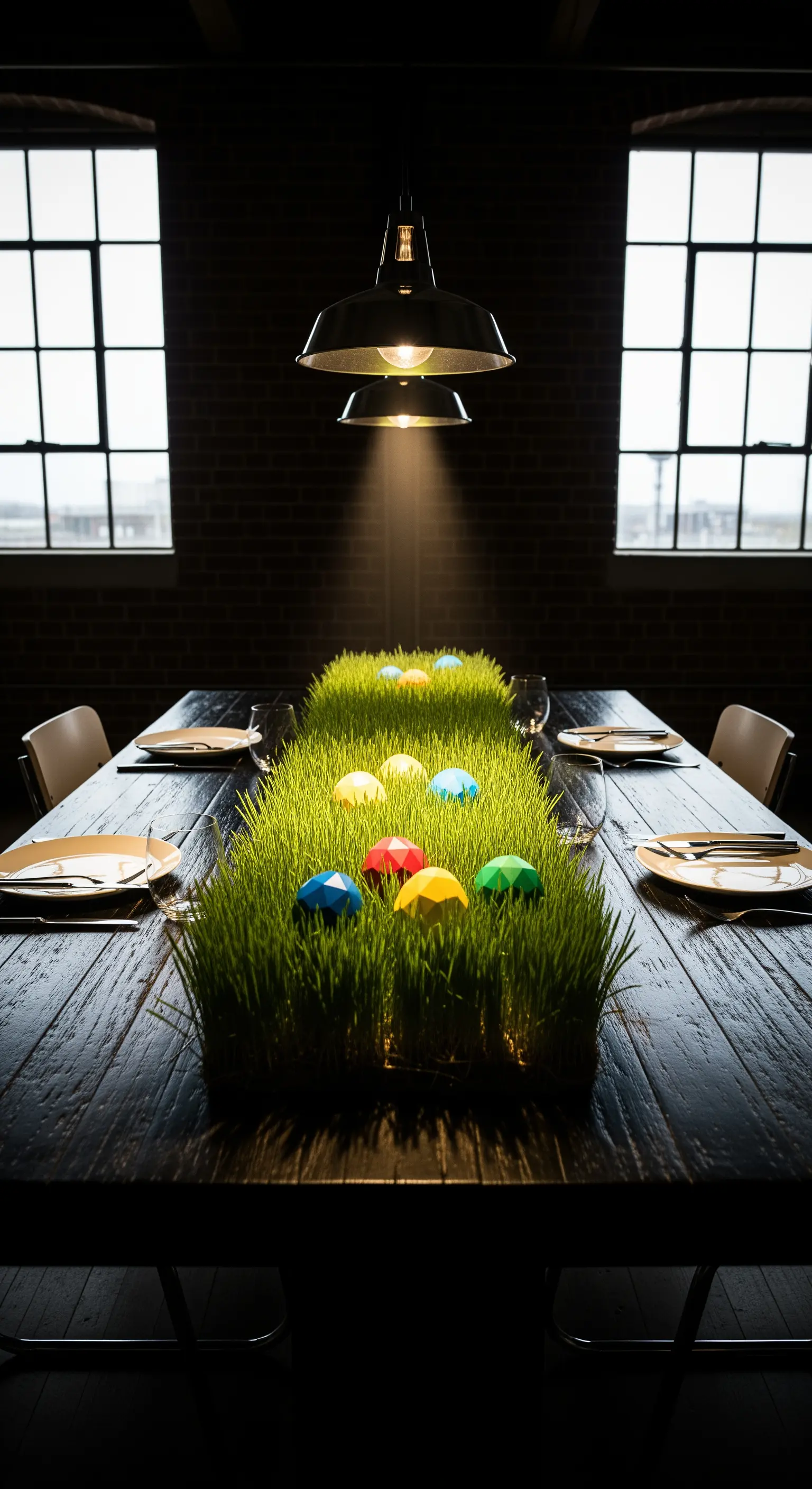 Esszimmertisch mit Grasläufer und bunten geometrischen Ostereiern unter Industrielampen