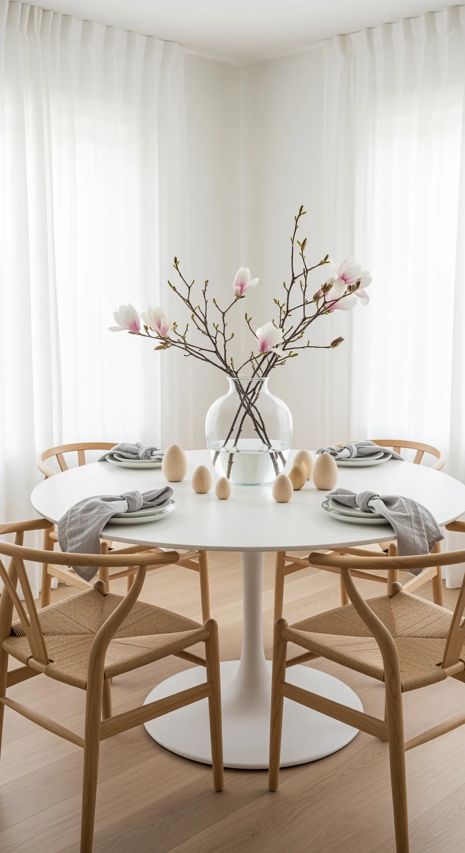 Moderner Ostertisch mit Magnolienzweigen, Holzeiern und grauen Servietten