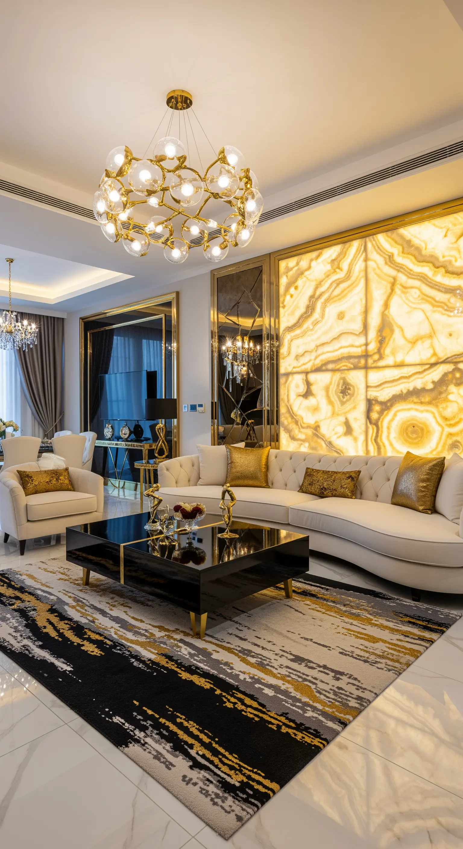Luxuriöses Wohnzimmer mit hinterleuchteter Onyx-Wand, Goldakzenten und modernem Sofa.