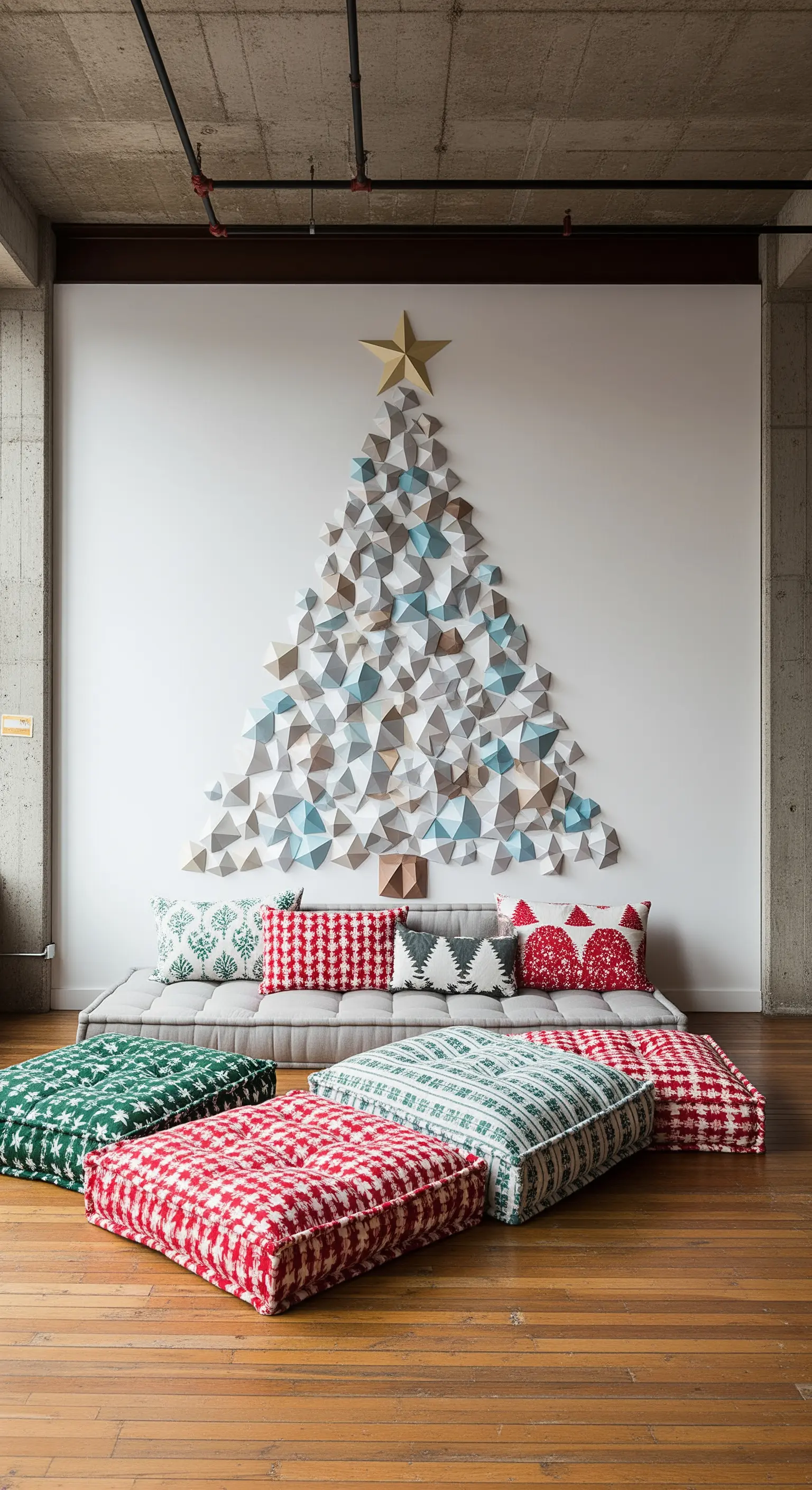 Wand-Weihnachtsbaum aus gefalteten Papierdreiecken und Bodenkissen