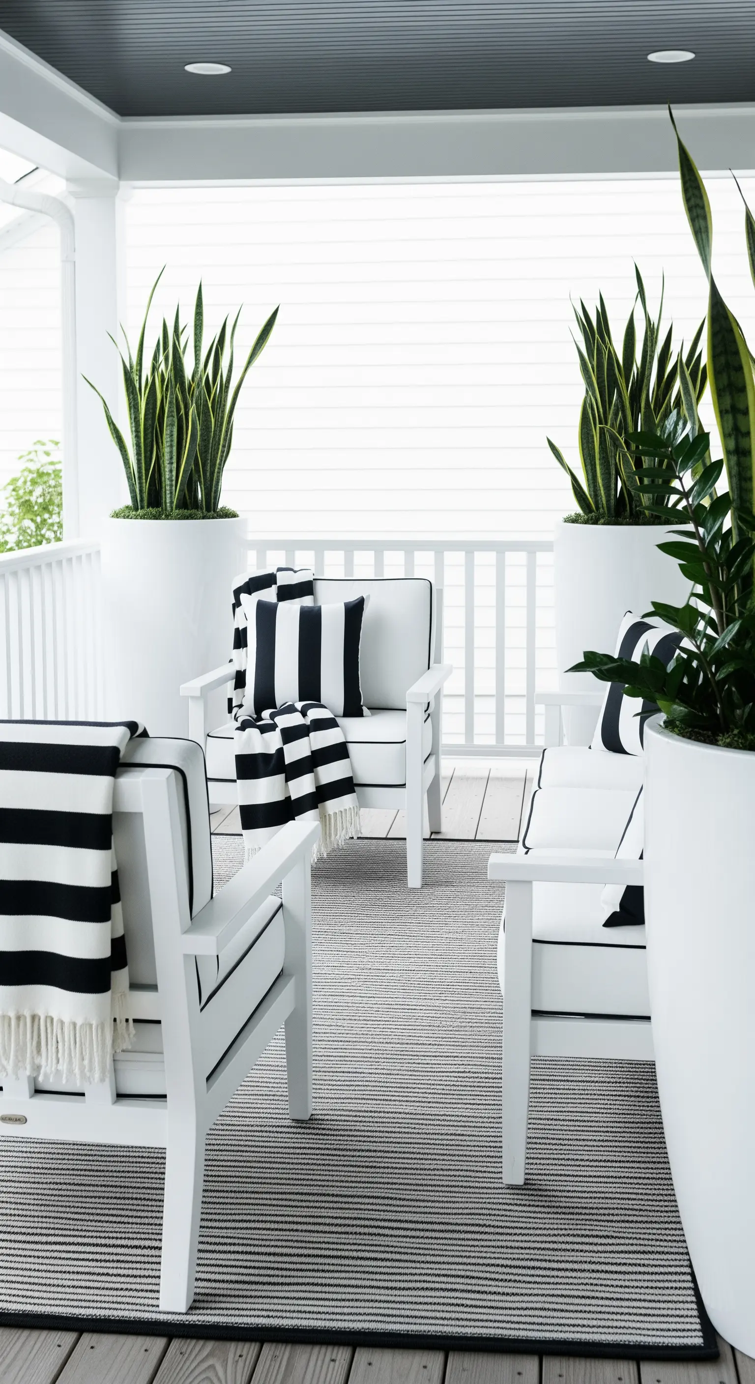 Moderne Veranda in Schwarz-Weiß mit Bogenhanf-Pflanzen und gestreiften Textilien