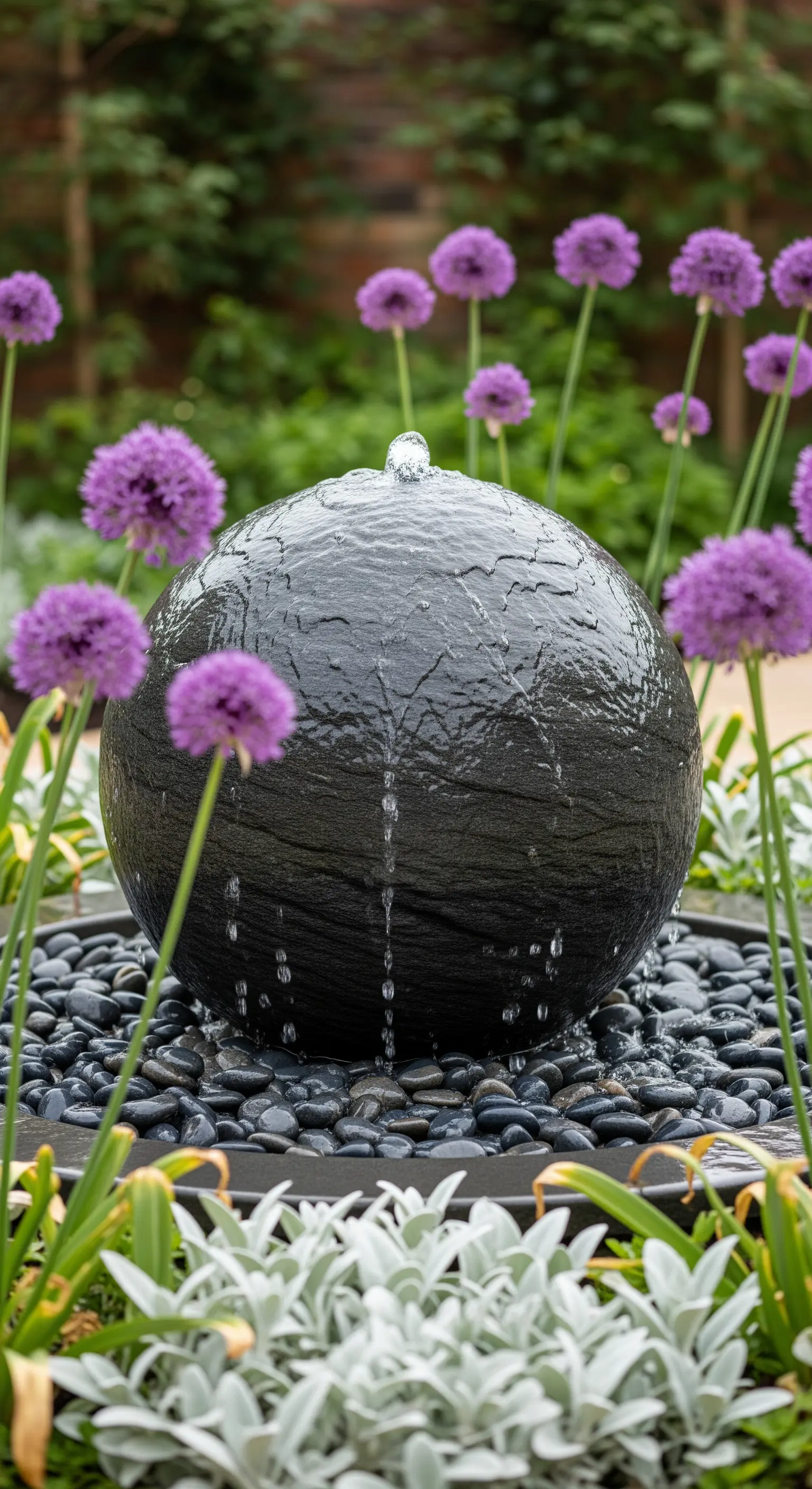 Moderner dunkler Kugelbrunnen, umgeben von lila Allium und Kieselsteinen