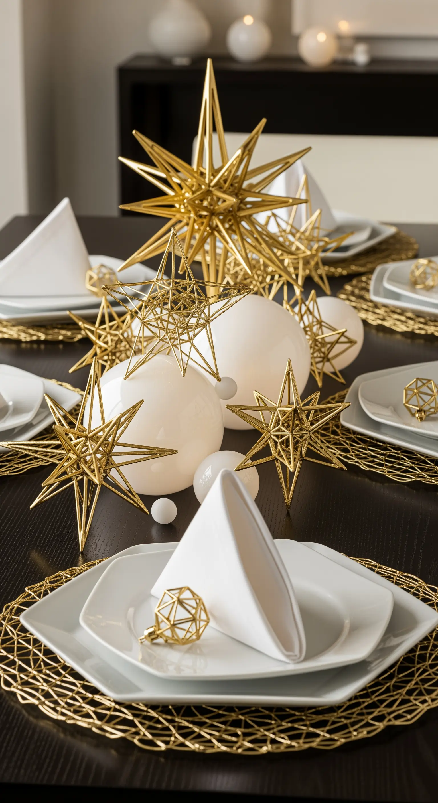 Moderne Weihnachtstischdeko mit goldenen Sternen und weißen Kugeln auf dunklem Tisch