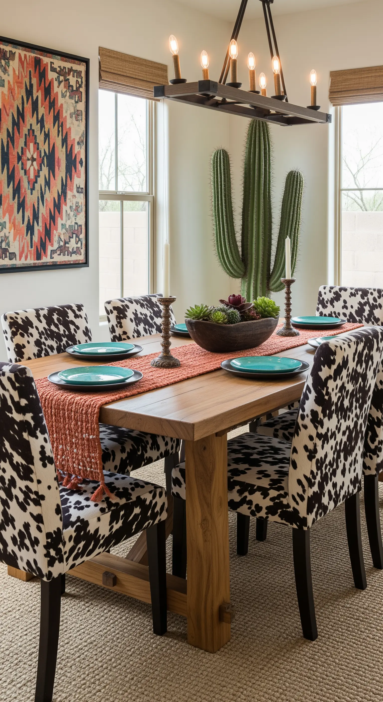 Esszimmer mit Holztisch und Stühlen mit Kuhfell-Muster, kombiniert mit Wüsten-Deko.