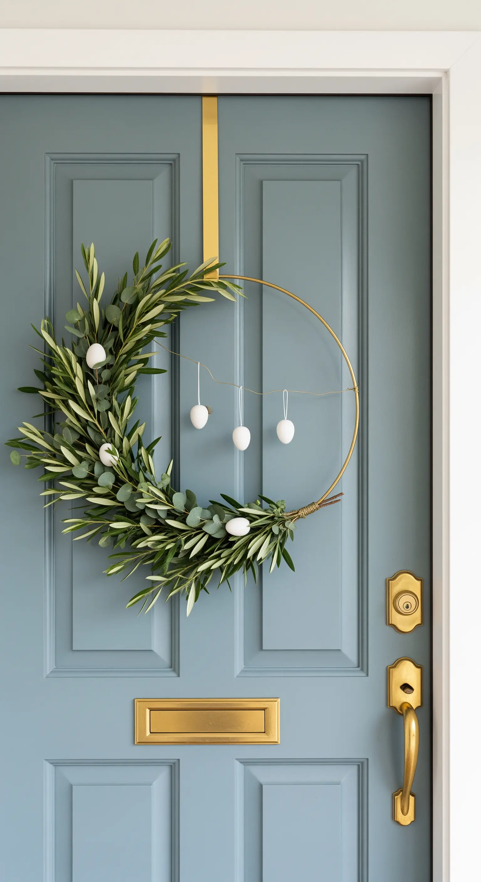 Moderner, asymmetrischer Osterkranz aus einem Goldring mit Olivenzweigen und Eiern.