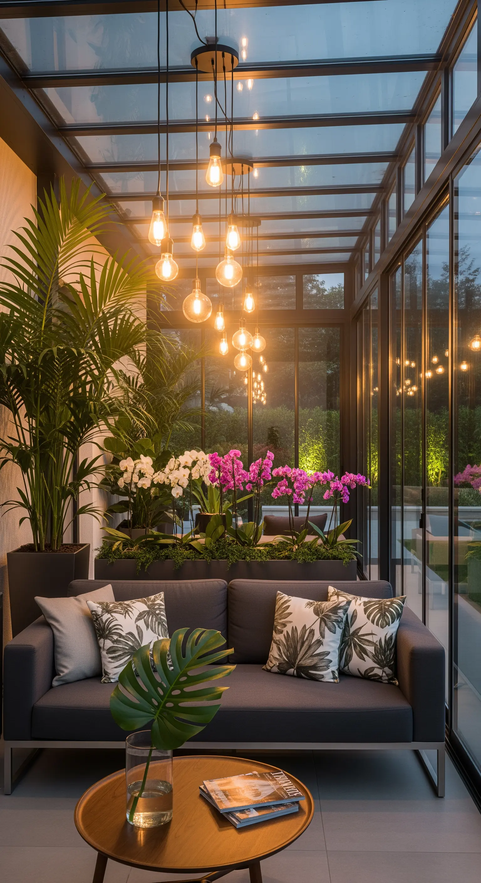 Moderner Wintergarten mit Sofa, Tropenpflanzen, Orchideen, Edison-Lichterkette