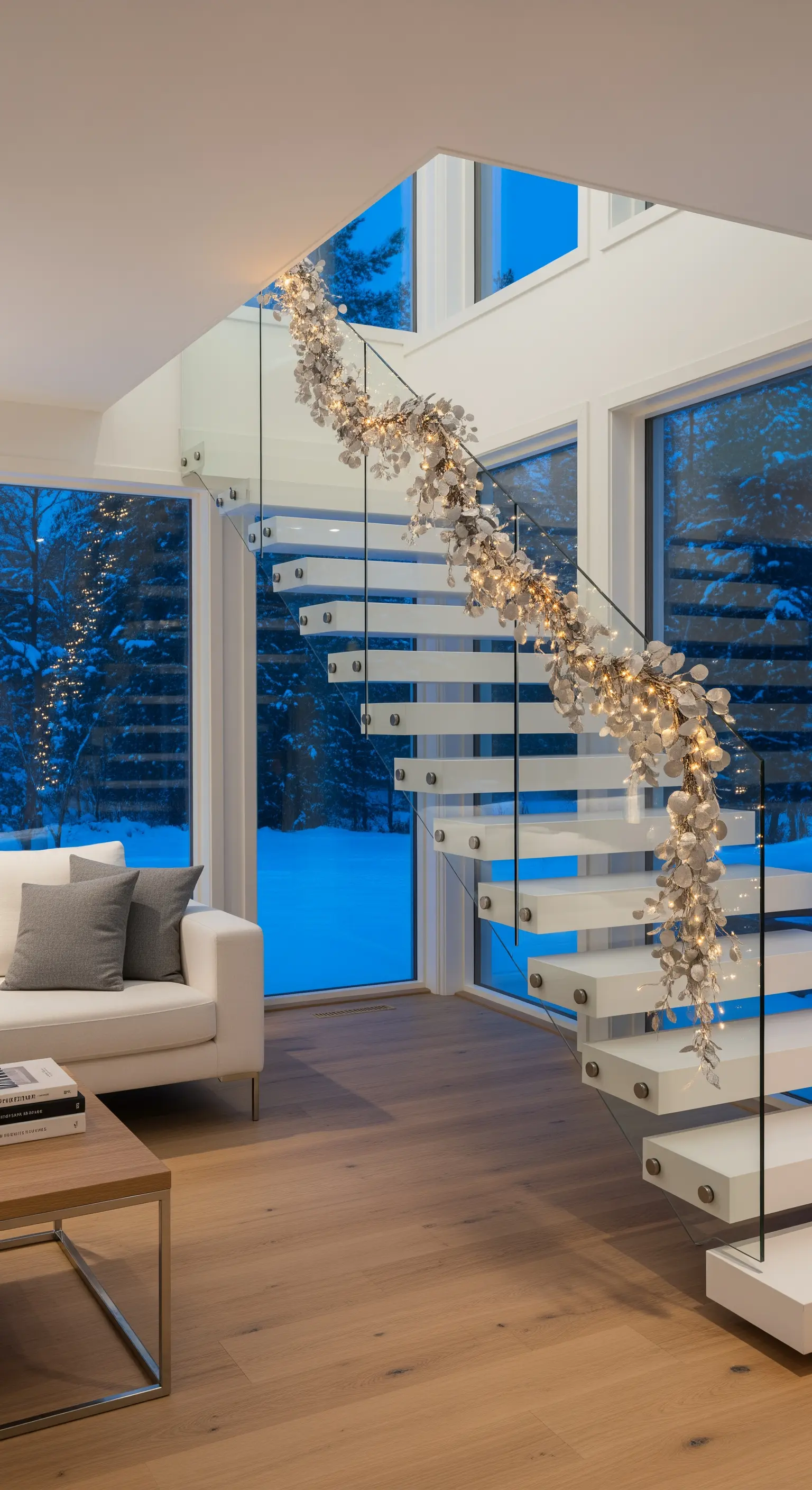 Moderne Treppe mit Glasgeländer, dekoriert mit silberner Blättergirlande und Lichterkette.