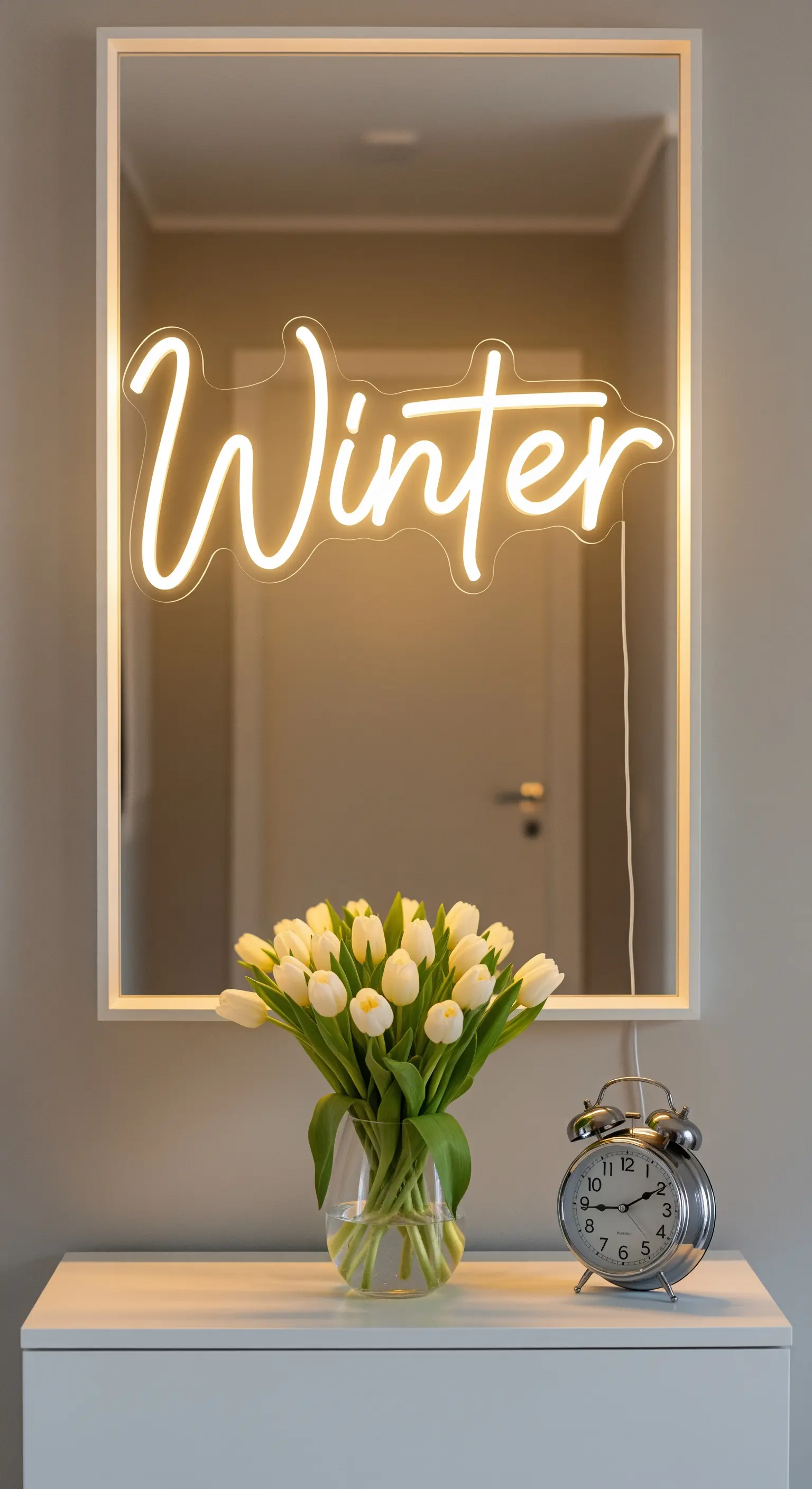 Weißes Sideboard mit Tulpen, Wecker, Neon-Schriftzug 
