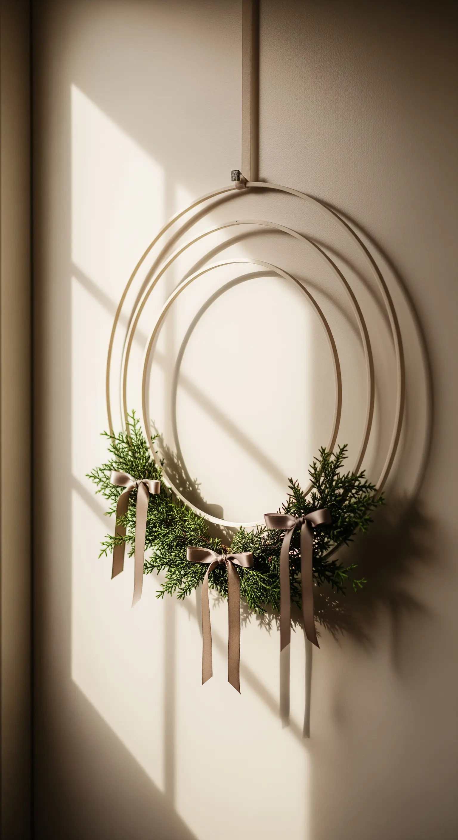 Moderner Wandkranz mit Tannengrün und beigen Bändern