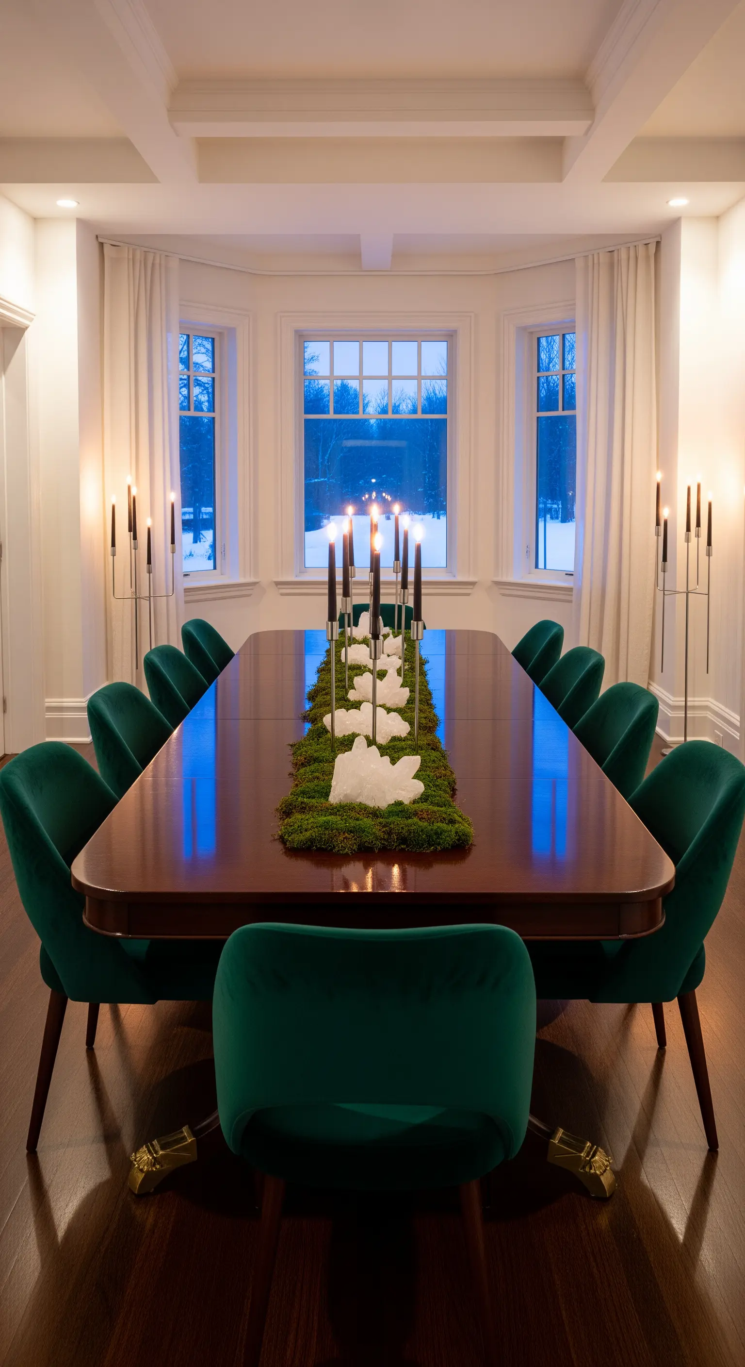 Esstisch mit Moosläufer, weißen Skulpturen, schwarzen Kerzen und grünen Samtstühlen.