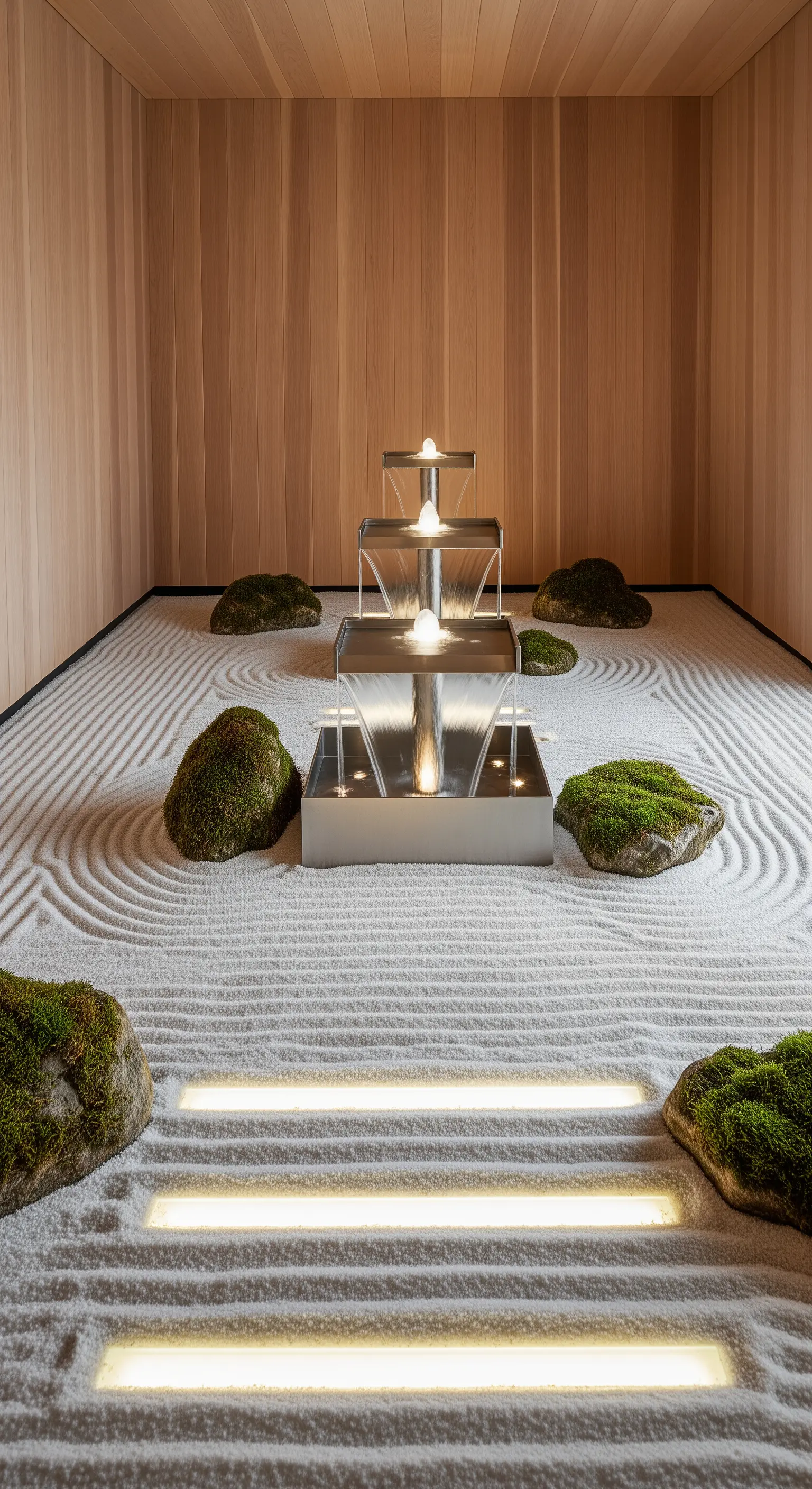 Modernes Zen-Garten-Design mit Wasserfall, Sandmustern und Moosfelsen