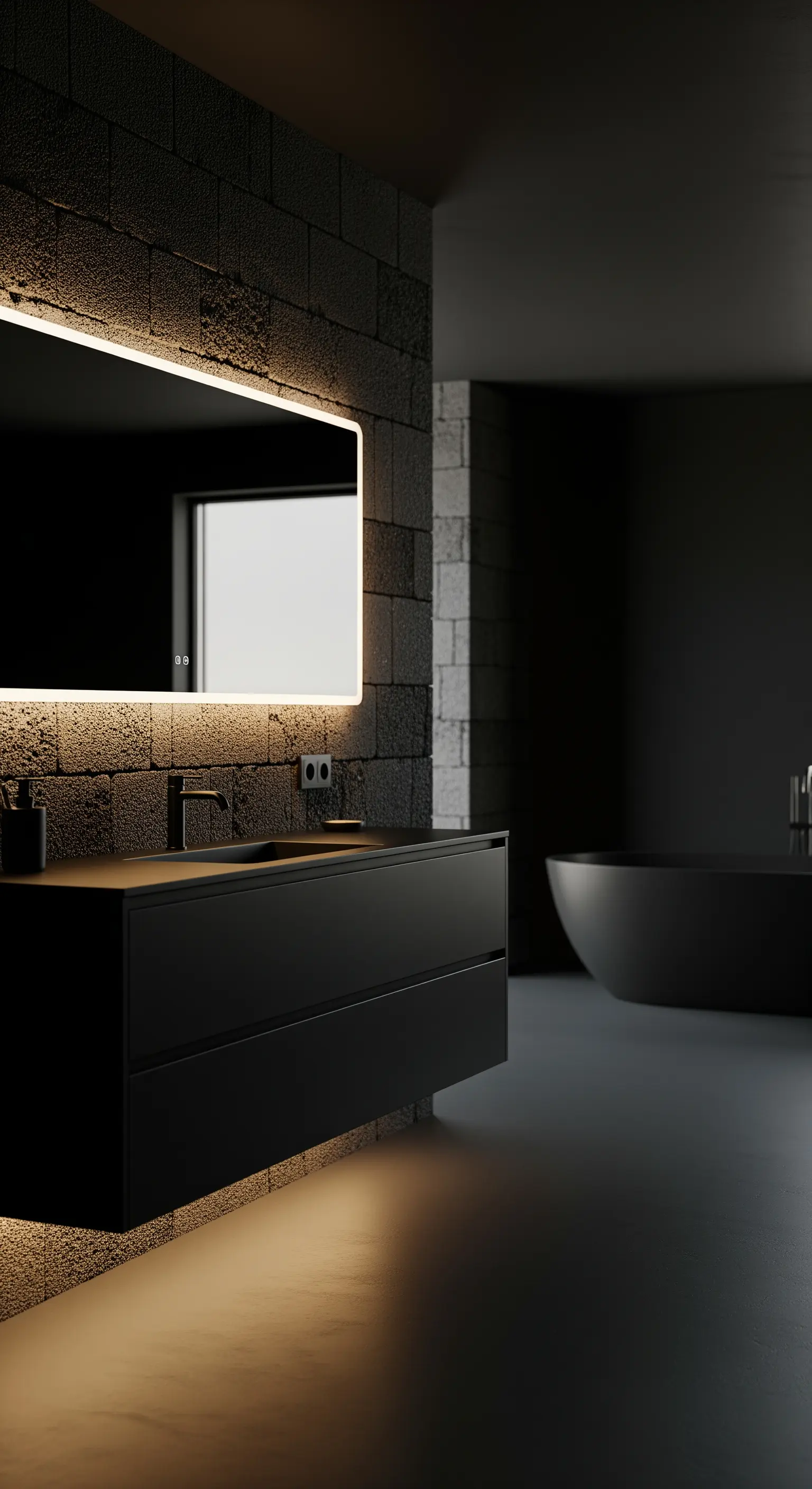 Dunkles Badezimmer mit Steinwand, beleuchtetem Spiegel und freistehender Wanne