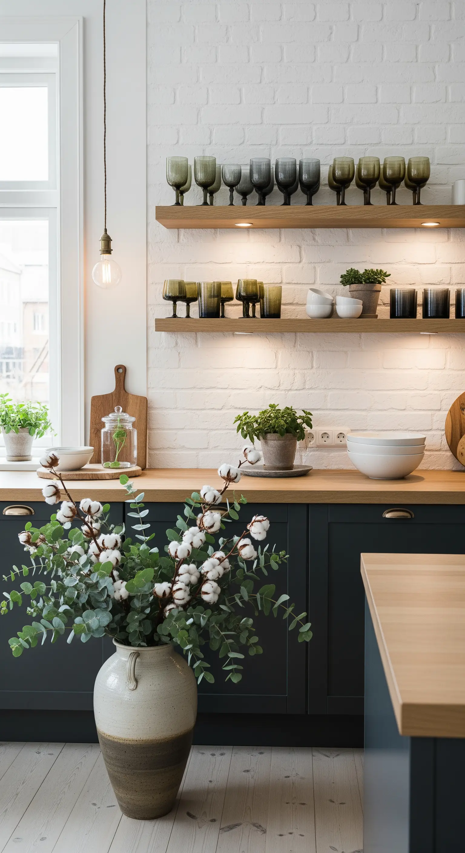 Dunkelblaue Küchenschränke, helle Holzarbeitsplatte, Eukalyptus und Baumwollzweige