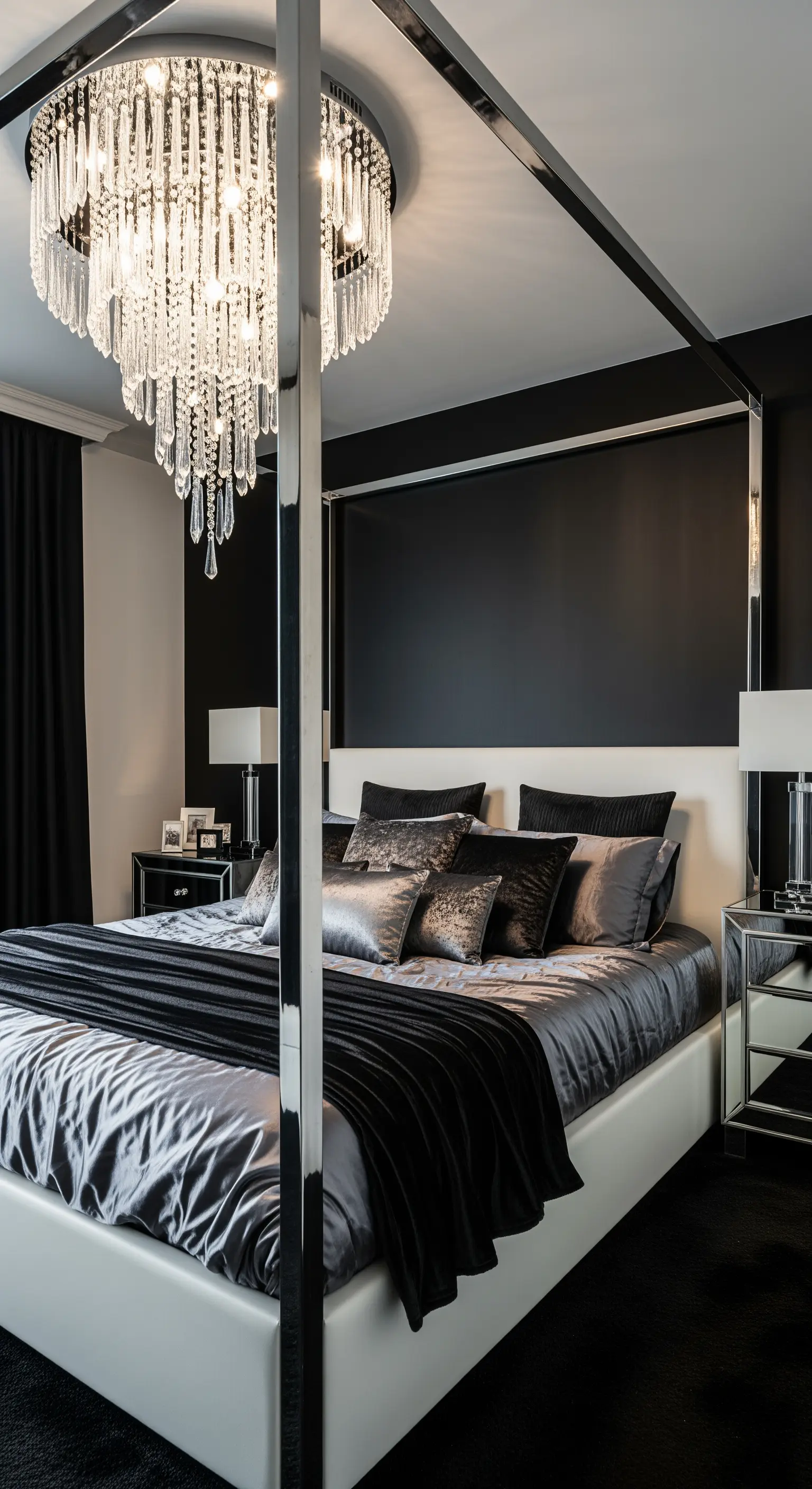 Schwarzes Schlafzimmer mit Chrom-Himmelbett und großem Kristall-Kronleuchter.