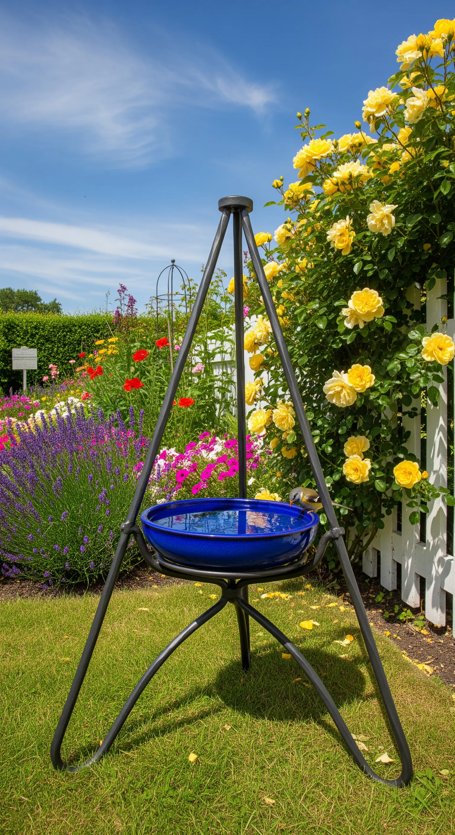 Modernes Dreibein-Gestell mit leuchtend blauer Vogeltränke inmitten bunter Blumenbeete